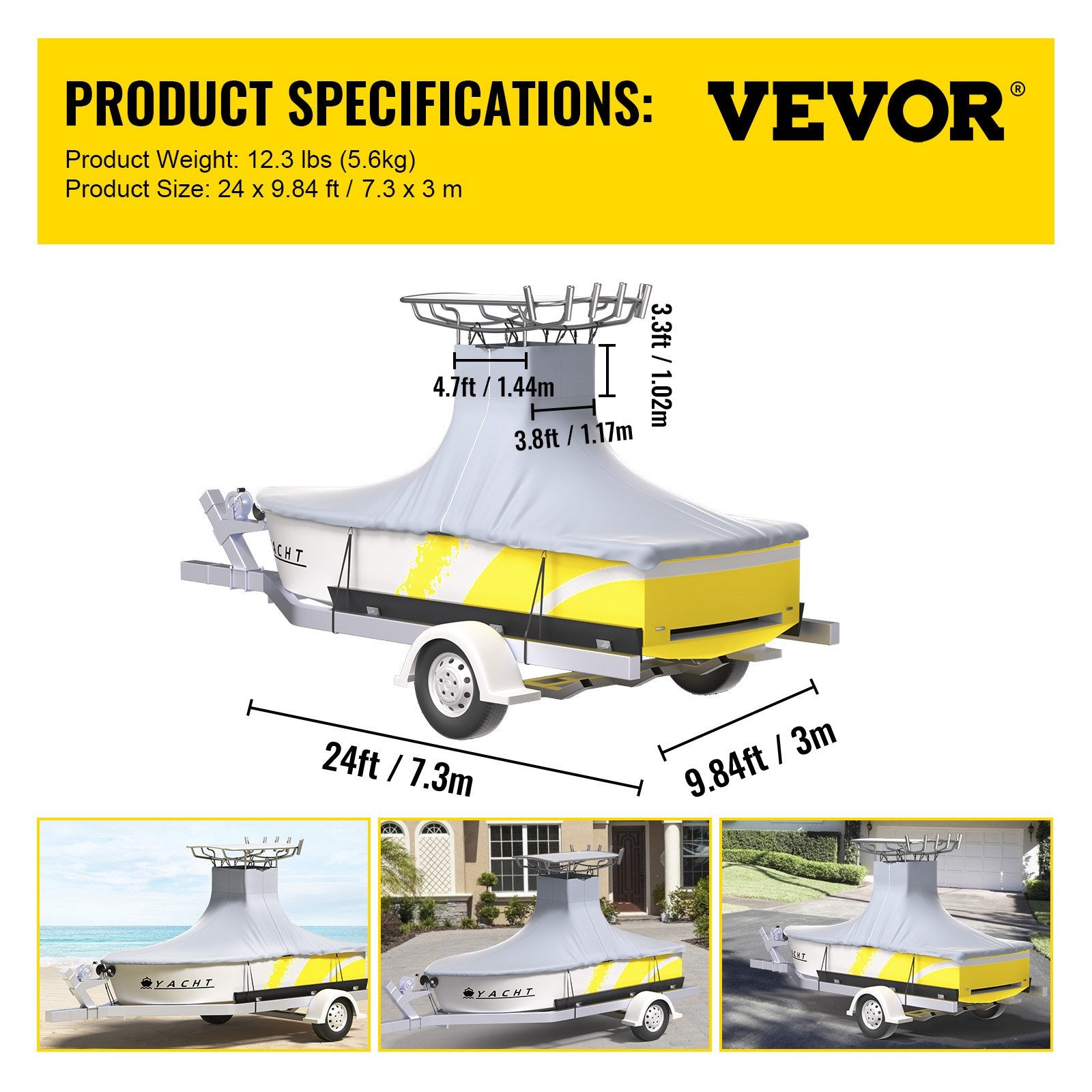 T-Top Boat Cover, Fit for 22\'-24\' Boat, Heavy Duty 600D Marine Grade Oxford Hard Top Cover, UV Resistant Waterproof Center Console Boat Cover with 2 Support Poles and 7 Wind-Proof Straps, Gray