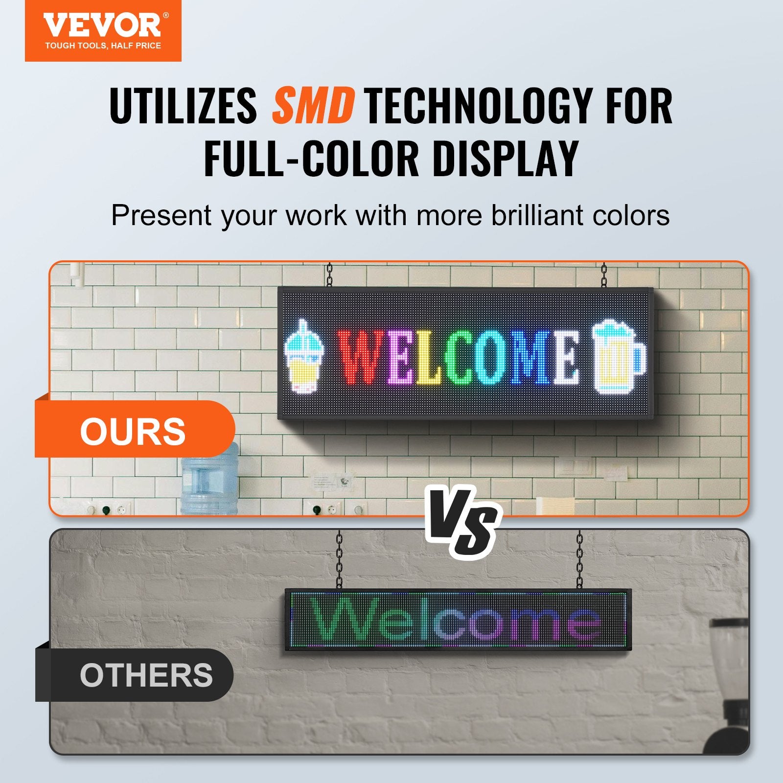 VEVOR Programmable LED Sign, P10 Full Color LED Scrolling Panel, DIY Custom Text Animation Pattern Display Board, WIFI USB Control Message Shop Sign for Store Business Party Bar Advertising, 99x35cm