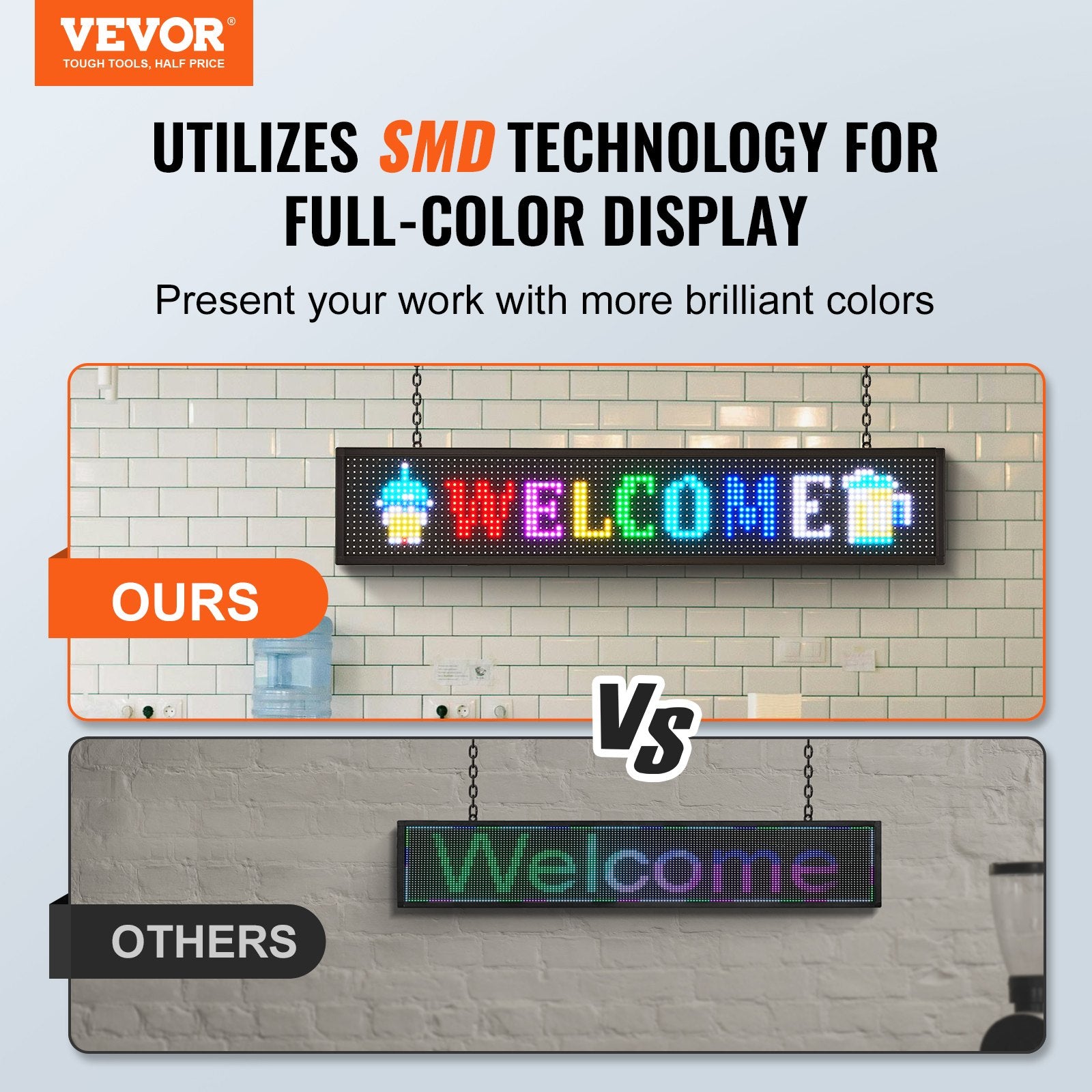 VEVOR Programmable LED Sign, P10 Full Color LED Scrolling Panel, DIY Custom Text Animation Pattern Display Board, WIFI USB Control Message Shop Sign for Store Business Party Bar Advertising, 99x19cm