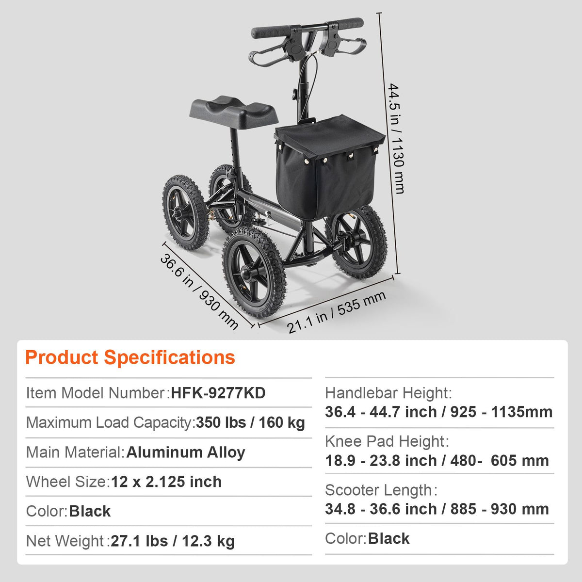 Folding Knee Scooter, Aluminum Steerable Knee Walker with Height-Adjustable Handlebar & Knee Pad, 12
