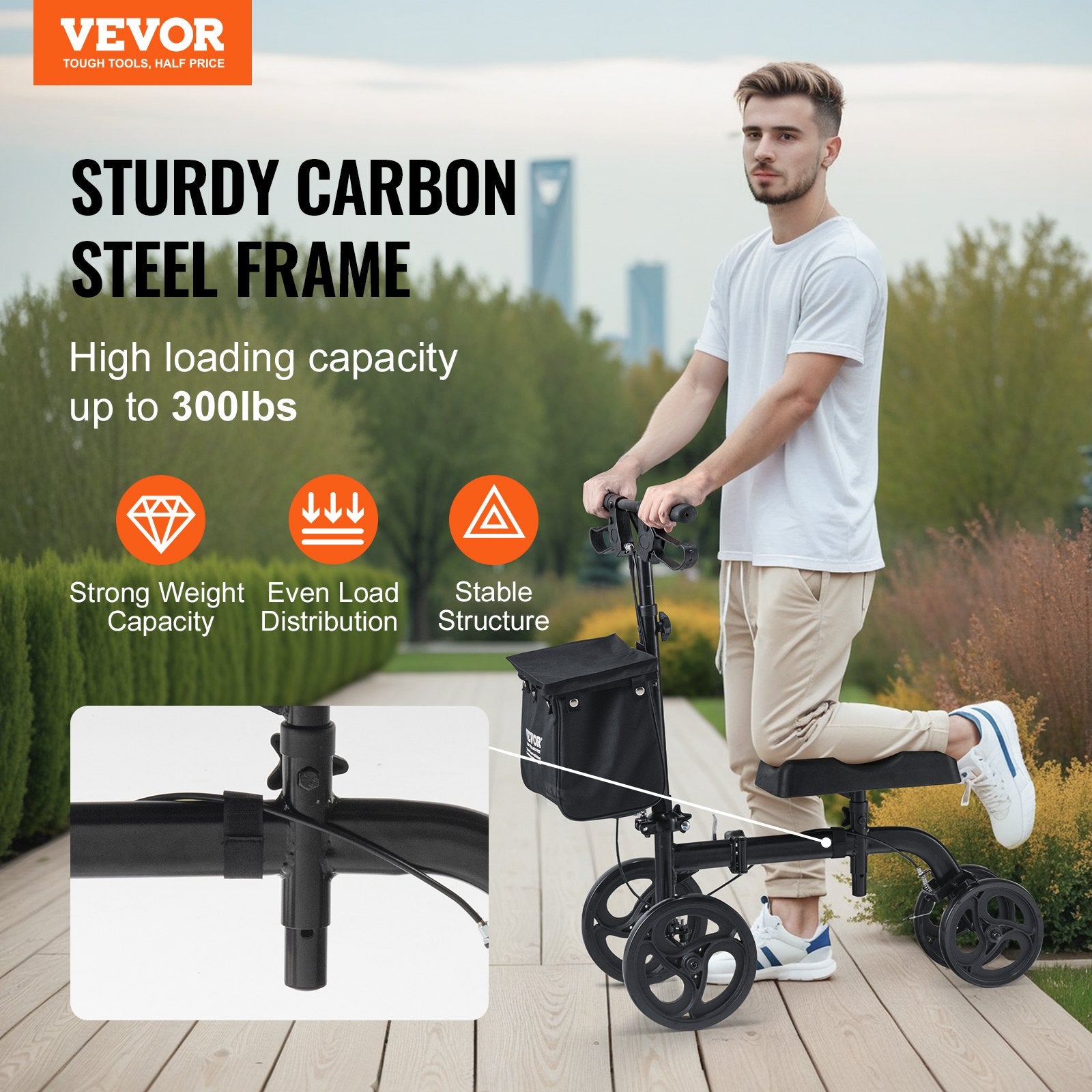 Folding Knee Scooter, Carbon Steel Steerable Knee Walker with Height-Adjustable Handlebar & Knee Pad, All-Terrain Solid Wheels, Dual Brakes, Leg Recovery Scooter for Broken Ankle Foot Injuries