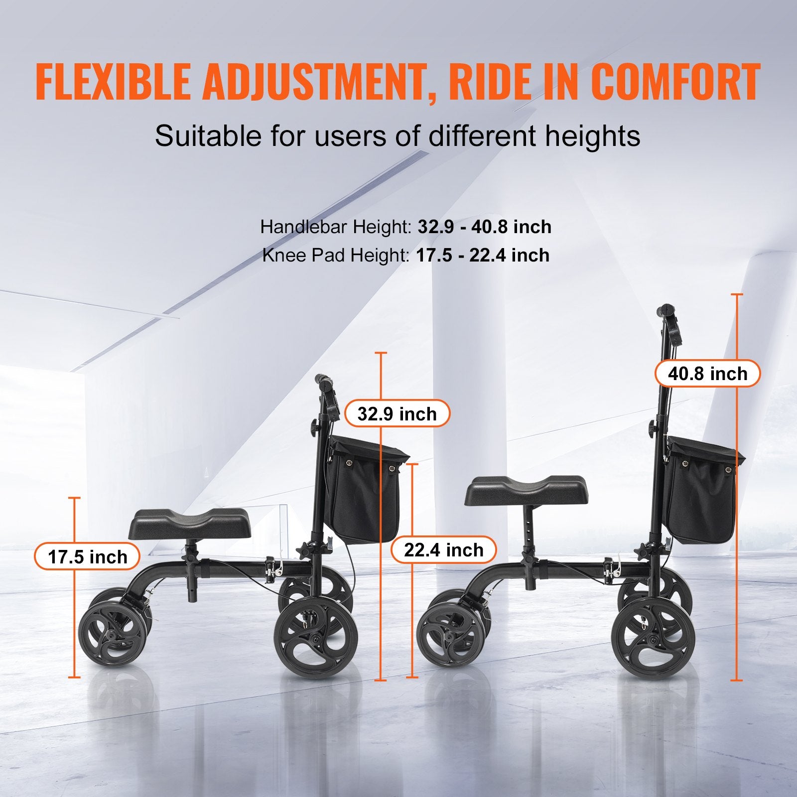 Folding Knee Scooter, Carbon Steel Steerable Knee Walker with Height-Adjustable Handlebar & Knee Pad, All-Terrain Solid Wheels, Dual Brakes, Leg Recovery Scooter for Broken Ankle Foot Injuries