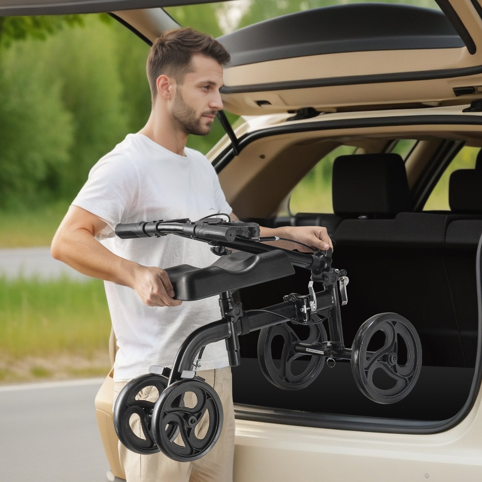 Folding Knee Scooter, Carbon Steel Steerable Knee Walker with Height-Adjustable Handlebar & Knee Pad, All-Terrain Solid Wheels, Dual Brakes, Leg Recovery Scooter for Broken Ankle Foot Injuries