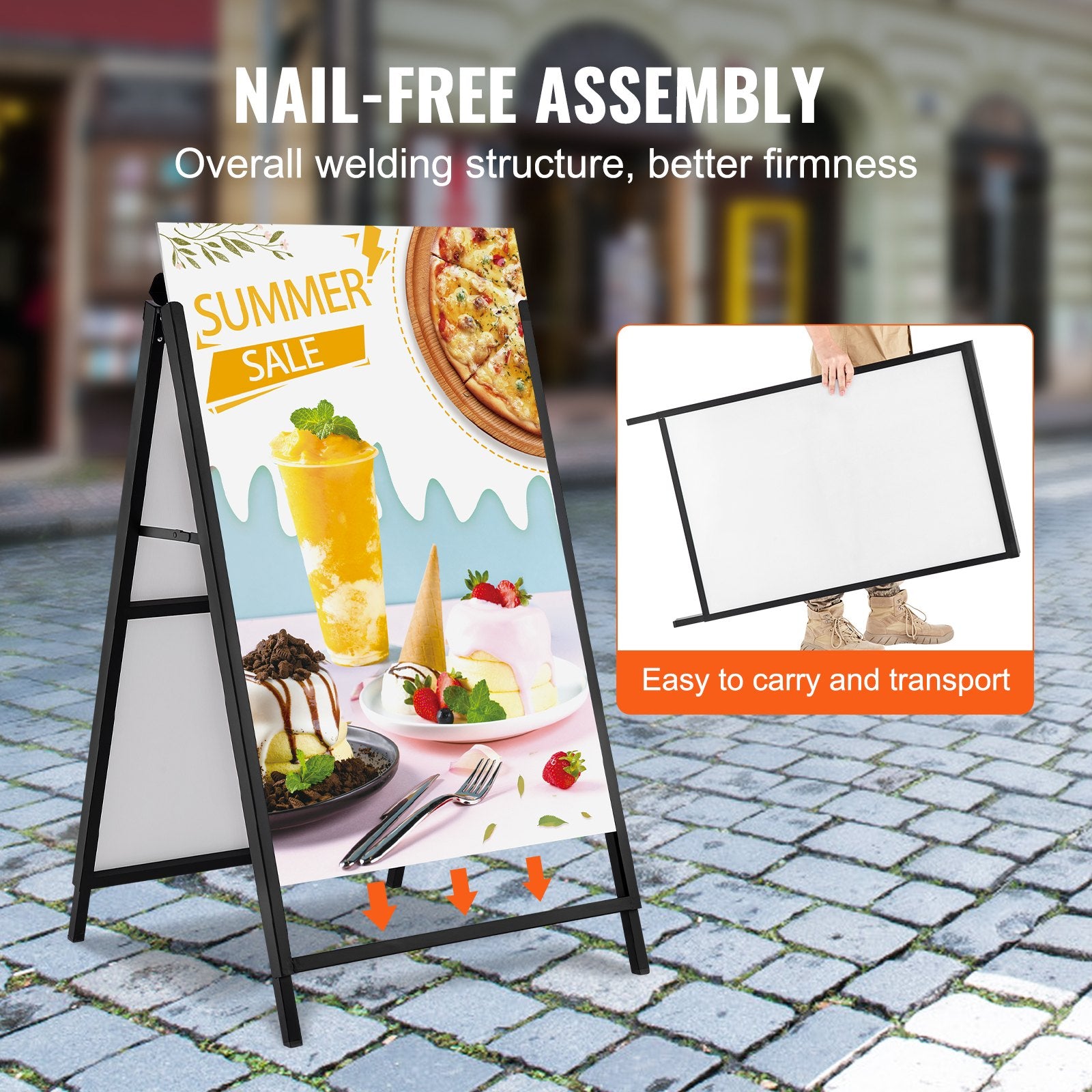 A Frame Sidewalk Sign, 61x91cm Heavy Duty Slide-in Signboard Holder, Double-Sided Folding Sandwich Board Signs, Steel Pavement Sign Poster for Outdoor Business Street Advertising (Frame only)