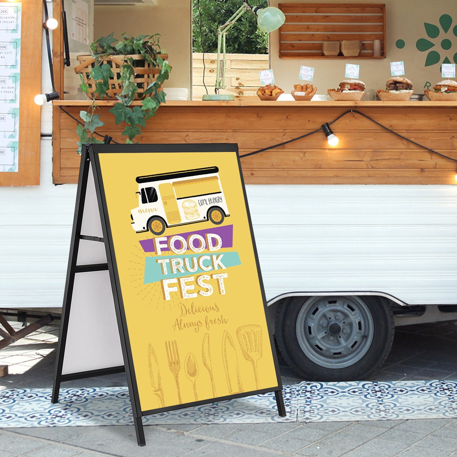 A Frame Sidewalk Sign, 61x91cm Heavy Duty Slide-in Signboard Holder, Double-Sided Folding Sandwich Board Signs, Steel Pavement Sign Poster for Outdoor Business Street Advertising (Frame only)