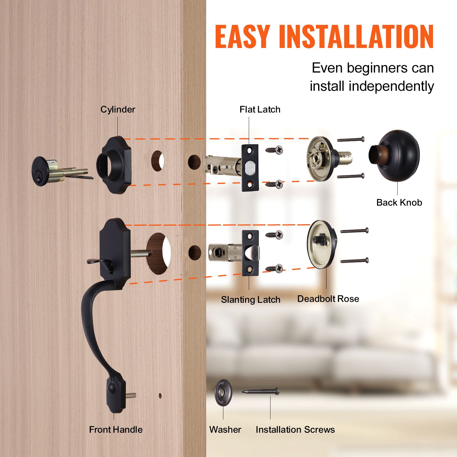 Matte Black Front Door Handle & Deadbolt Lock Set with Interior Knob