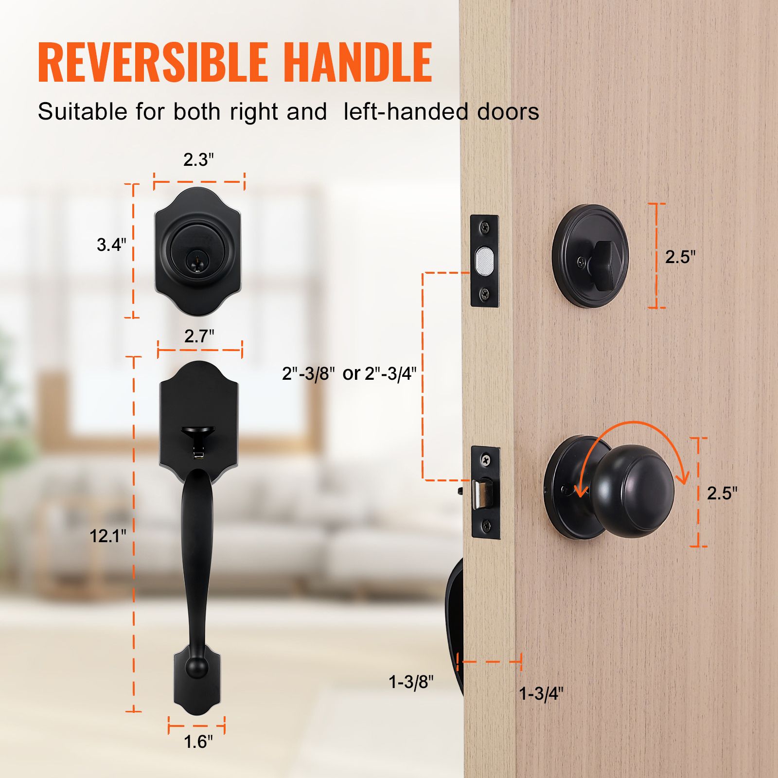 Matte Black Front Door Handle & Deadbolt Lock Set with Interior Knob