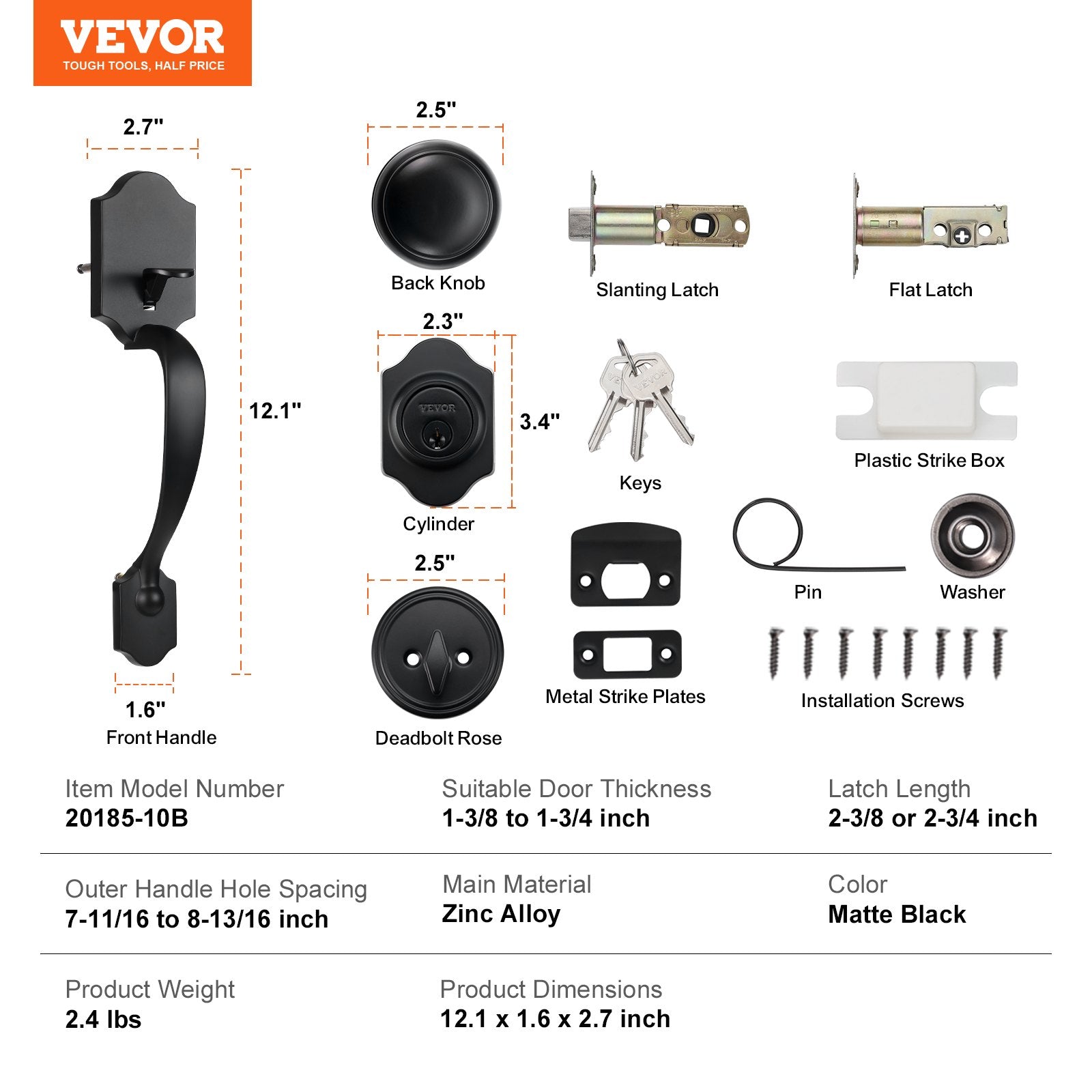 Front Door Handle and Deadbolt Set, Matte Black Front Door Lock Set with Interior Knob, Single Cylinder Handleset Adjustable Hole Spacing, for Right and Left Handed Entrance and Front Door