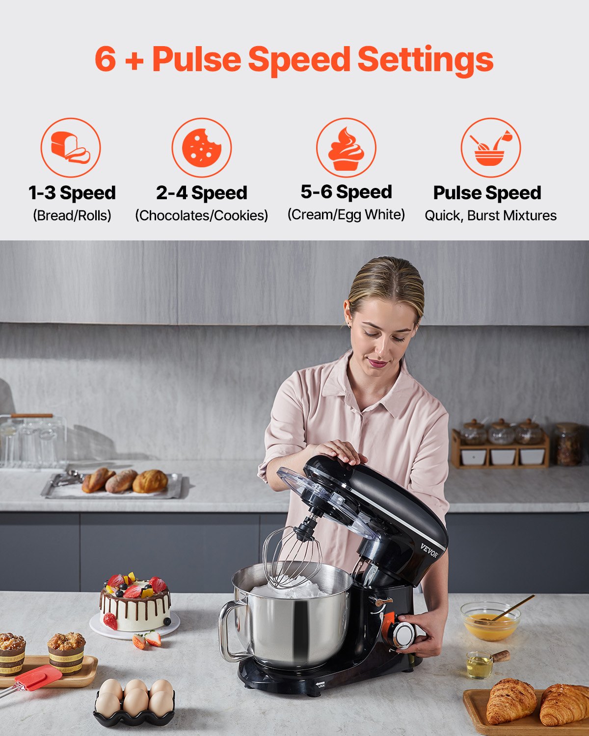 Stand Mixer 5.68 L Electric Dough Mixer 1100W 6 + P Speeds Food Beater