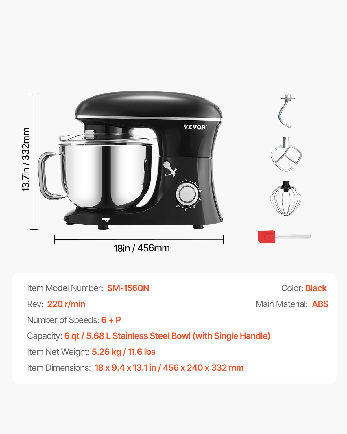 Stand Mixer 5.68 L Electric Dough Mixer 1100W 6 + P Speeds Food Beater