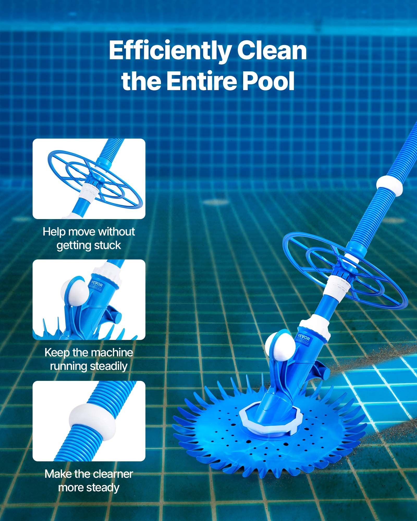 Suction Pool Cleaner, Automatic Pool Vacuum Cleaner, Suction Side Automatic Pool Cleaner, Suction Vacuum Pool Sweeper with 12 Hoses, for In-ground and Above-ground Pool Up to 609.6 x 1066.8 cm