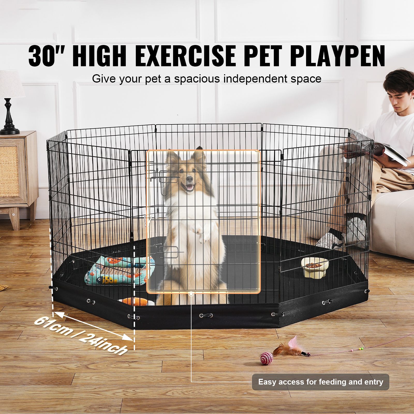 Dog Playpen, 8 Pcs 30"H x 24"W Panels Foldable Metal Pet Exercise Pen, Dog Fence Indoor and Outdoor Pen with Door, 600D Oxford Fabric Bottom Pad, Pet Playpen for Dogs, Cats, Other Small Animals