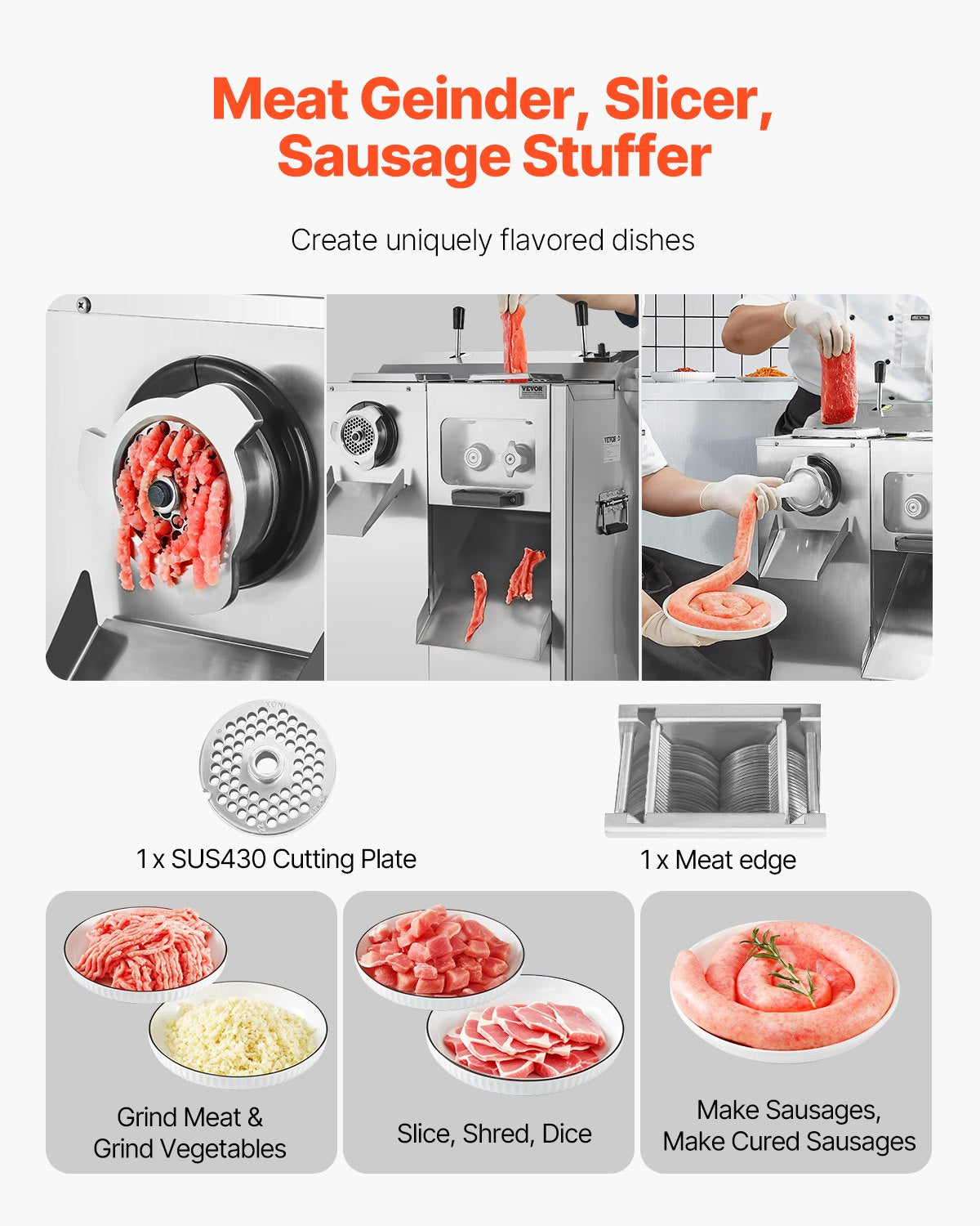 Commercial Electric Meat Grinder Slicer 6.35 kg/Min Sausage Stuffer Maker