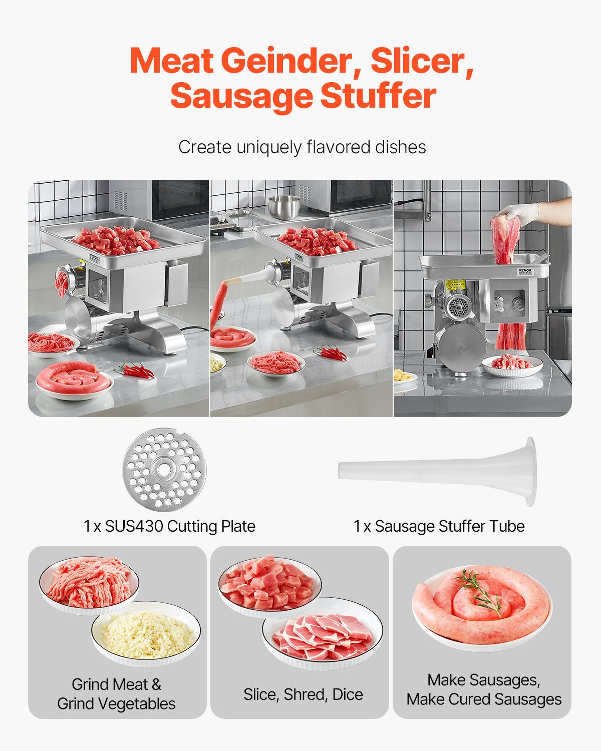 Commercial Electric Meat Grinder Slicer 4.99 kg/Min Sausage Stuffer Maker