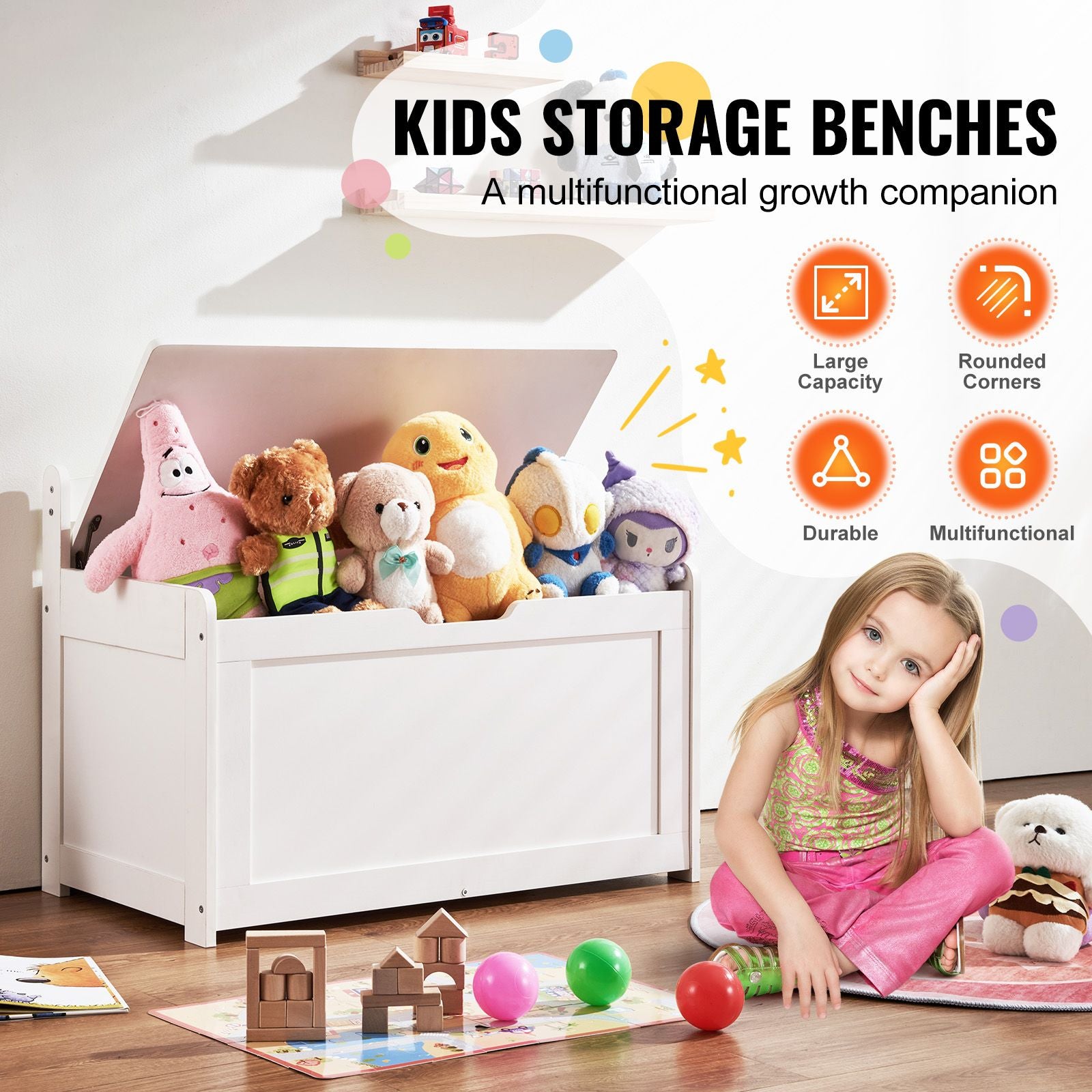 Kids Toy Storage Bench Wooden Toy Box Chest 32.68 x 17.91 x 24.02