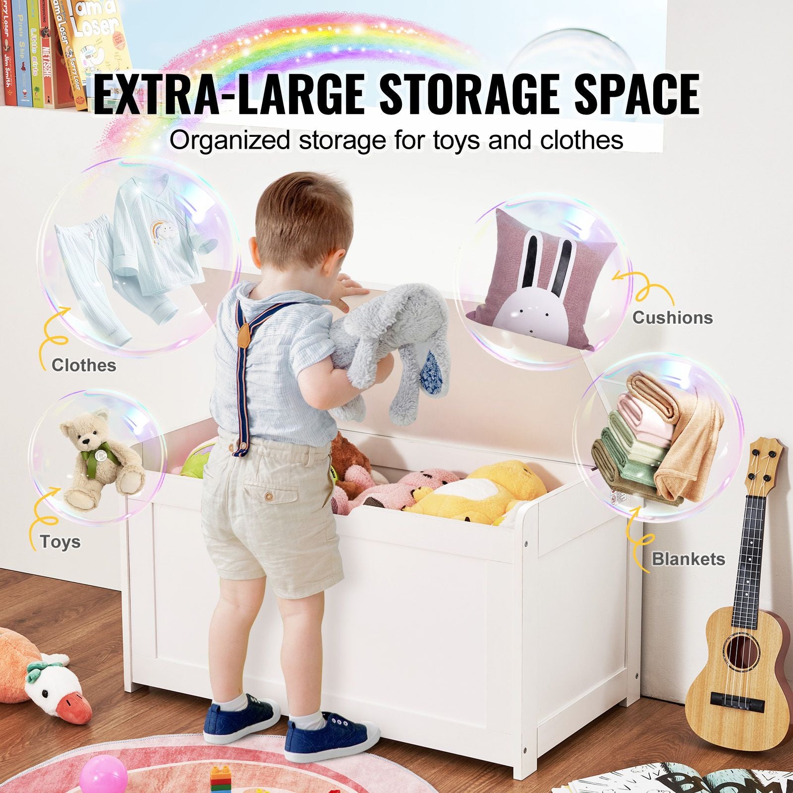 Kids Toy Storage Bench Wooden Toy Box Chest 32.68 x 17.91 x 24.02