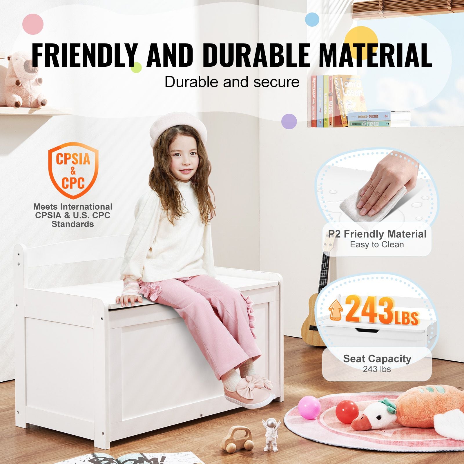 Kids Toy Storage Bench Wooden Toy Box Chest 32.68 x 17.91 x 24.02