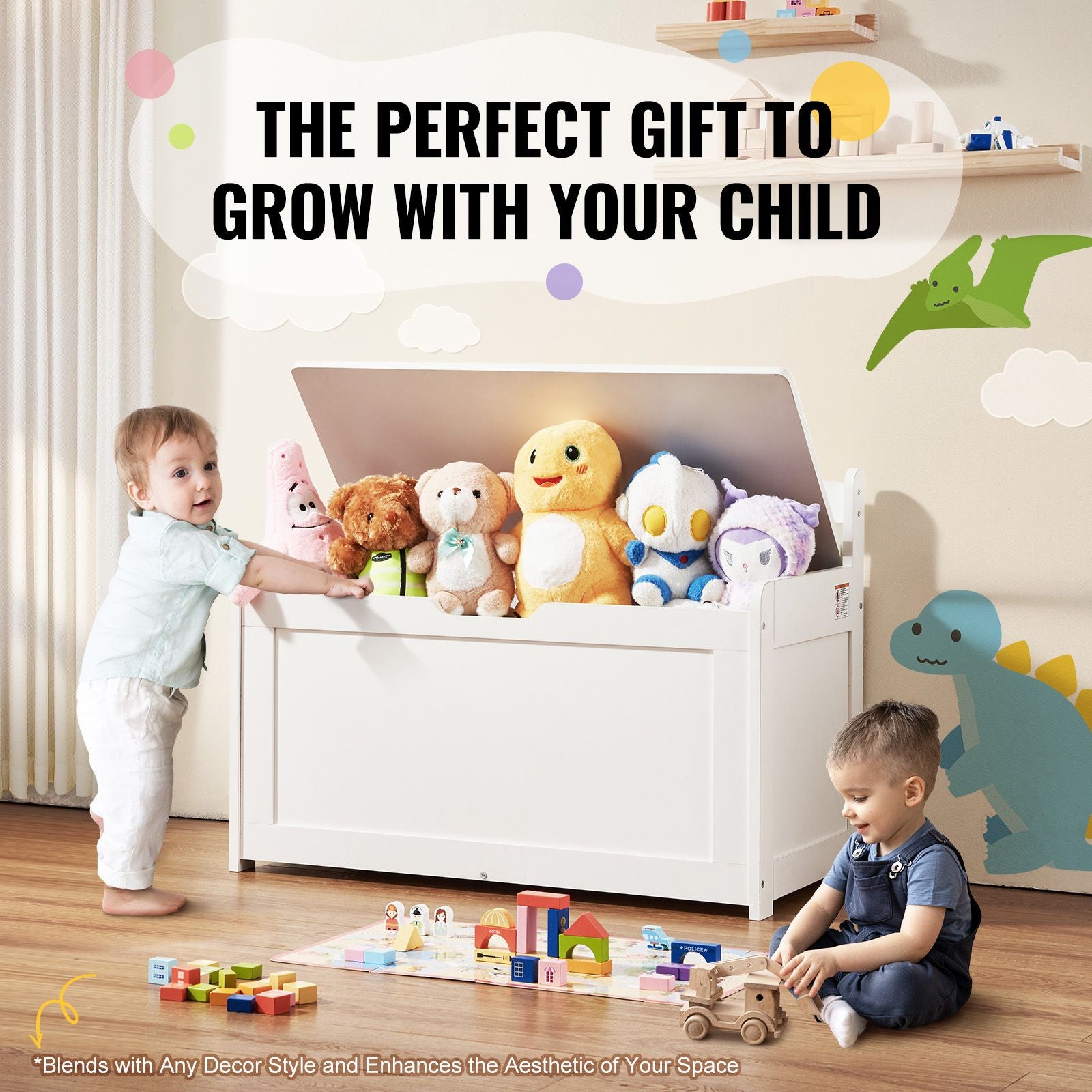 Kids Toy Storage Bench Wooden Toy Box Chest 32.68 x 17.91 x 24.02