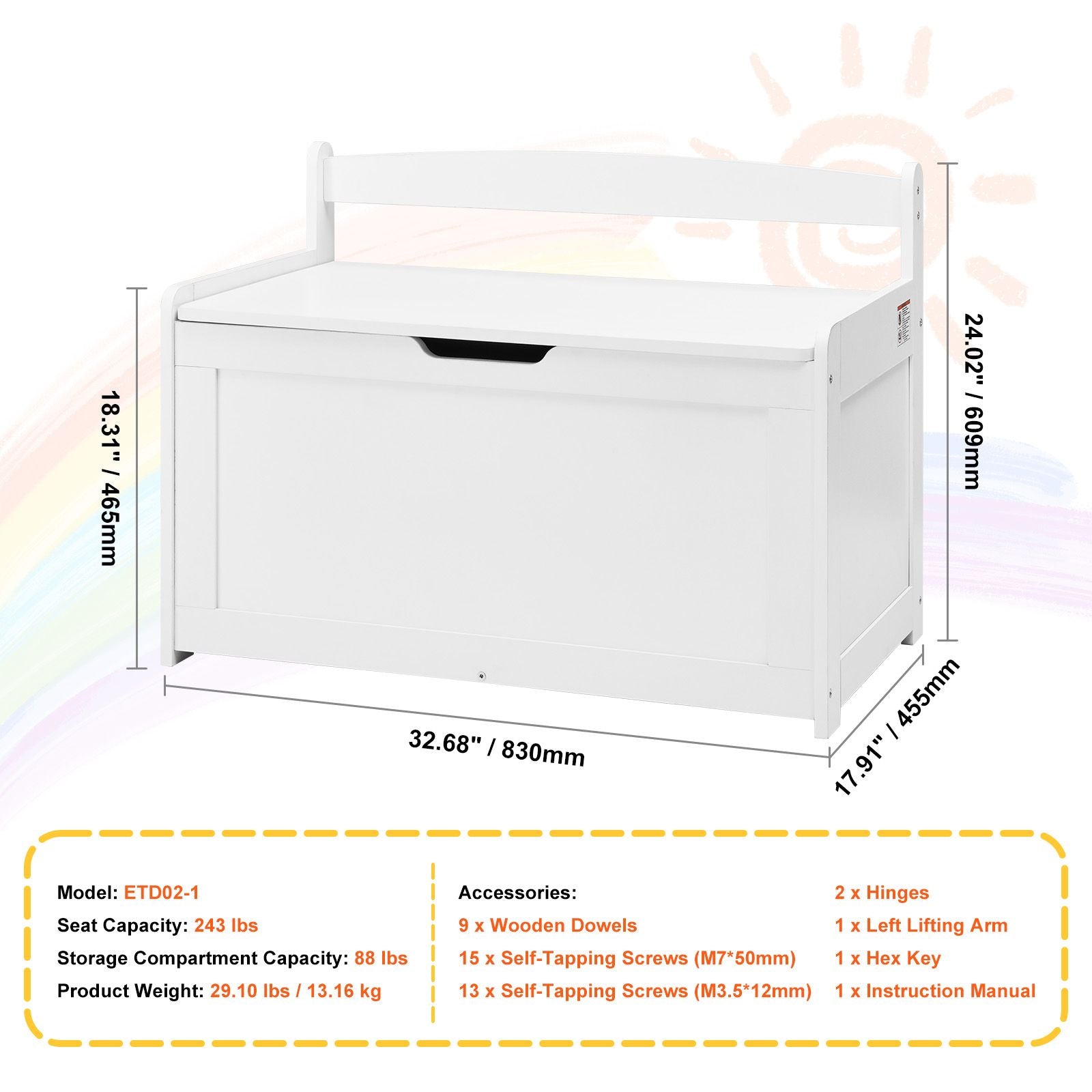Kids Toy Storage Bench Wooden Toy Box Chest 32.68 x 17.91 x 24.02