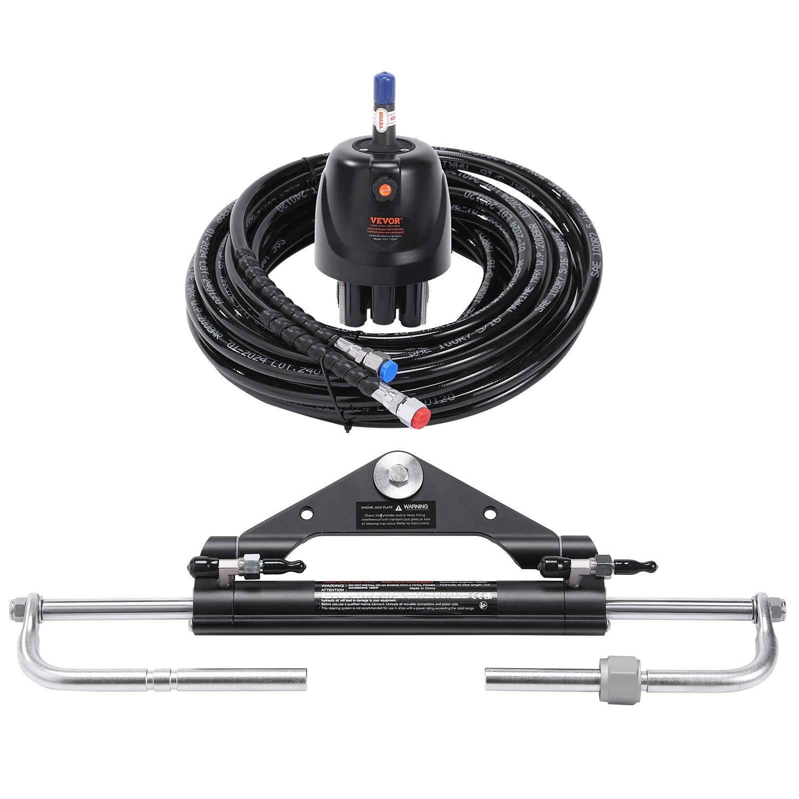 150HP Hydraulic Outboard Steering Kit Boat Marine System, Built-in Two-Way Lock Cylinder, 150HP Pump and High-Strength Nylon Hose for Single Station, Single-Engine use