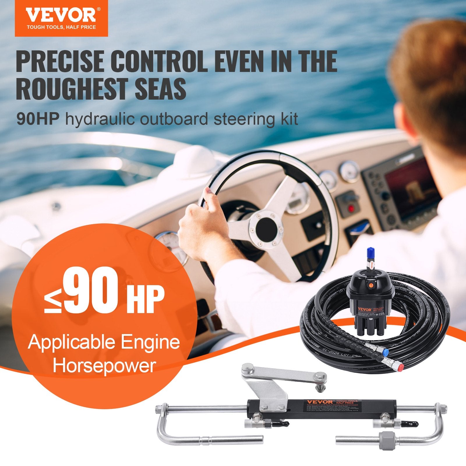 Hydraulic Outboard Steering Kit, 90HP, Marine Boat Hydraulic Steering System, with Helm Pump Two-Way Lock Cylinder and 24 Feet Hydraulic Steering Hose, for Single Station Single-Engine Boats