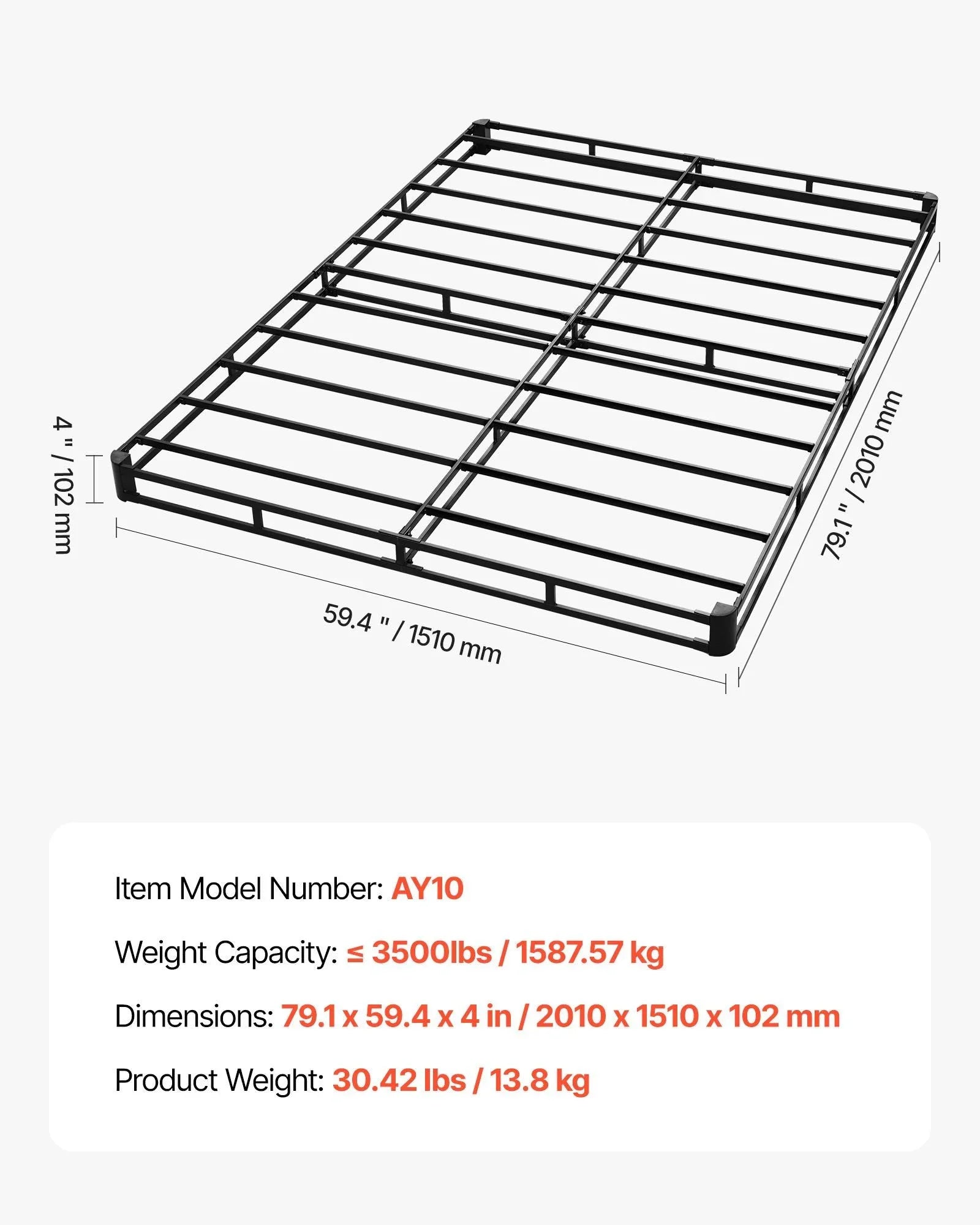 Box Spring, Queen Size Bed Frame with Washable Fabric Cloth, Heavy Duty Metal Frame for Queen Bed, 102 mm Mattress Foundation, 1587.57 kg Max Weight Capacity, Easy Assembly, 2010 x 1510 x 102 mm