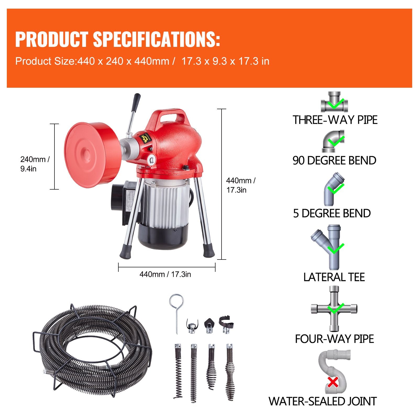Drain Cleaner Machine 66FT x 5/8In 250W Sectional Snake Auger Manual Feed