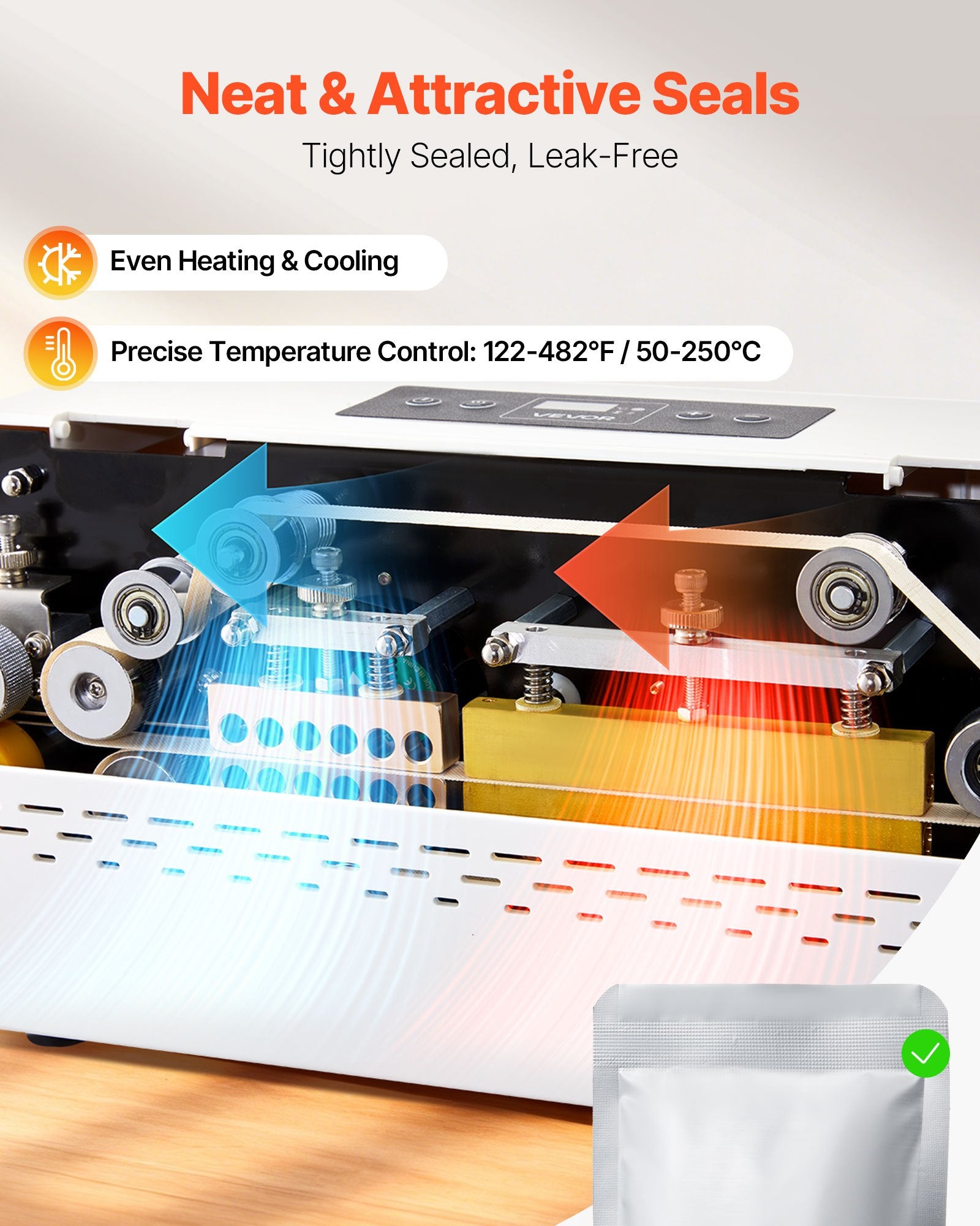Continuous Sealing Machine, 8-12 mm Seal Width, Automatic Continuous Band Sealer with Digital Temperature Control, Automatic Shutdown, Portable Heat Sealing Machine for 0.06-0.2 mm Plastic Bags
