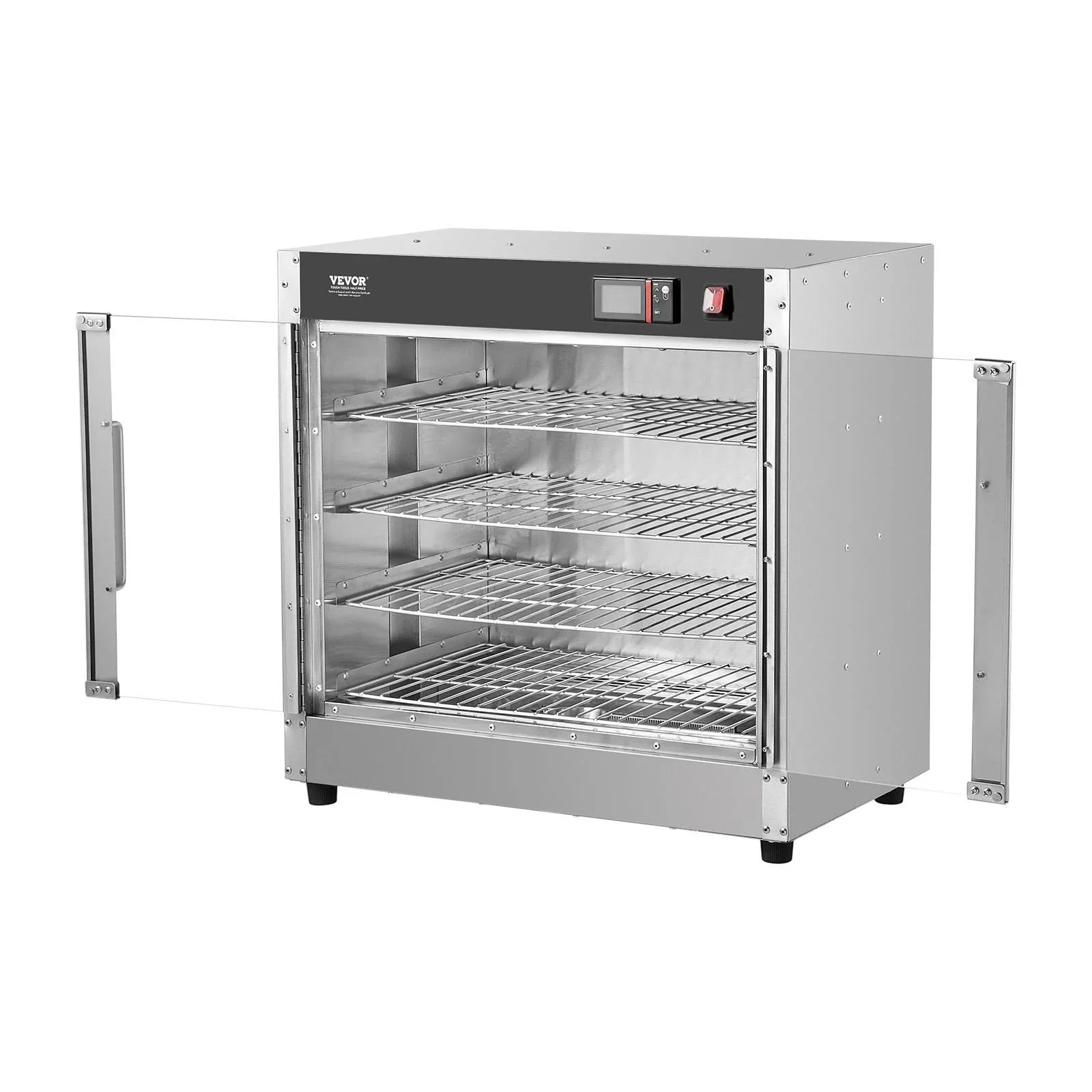 Hot Box Food Warmer, 4-Tier Concession Warmer with Water Tray, 4 Pans, Glass Double-door and Adjustable Shelves, Stainless Steel Food Warmer Cabinet, Ideal for Storing Pizza, Chicken, Restaurant