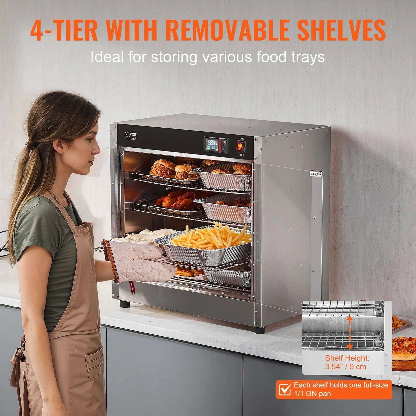 Hot Box Food Warmer, 4-Tier Concession Warmer with Water Tray, 4 Pans, Glass Double-door and Adjustable Shelves, Stainless Steel Food Warmer Cabinet, Ideal for Storing Pizza, Chicken, Restaurant