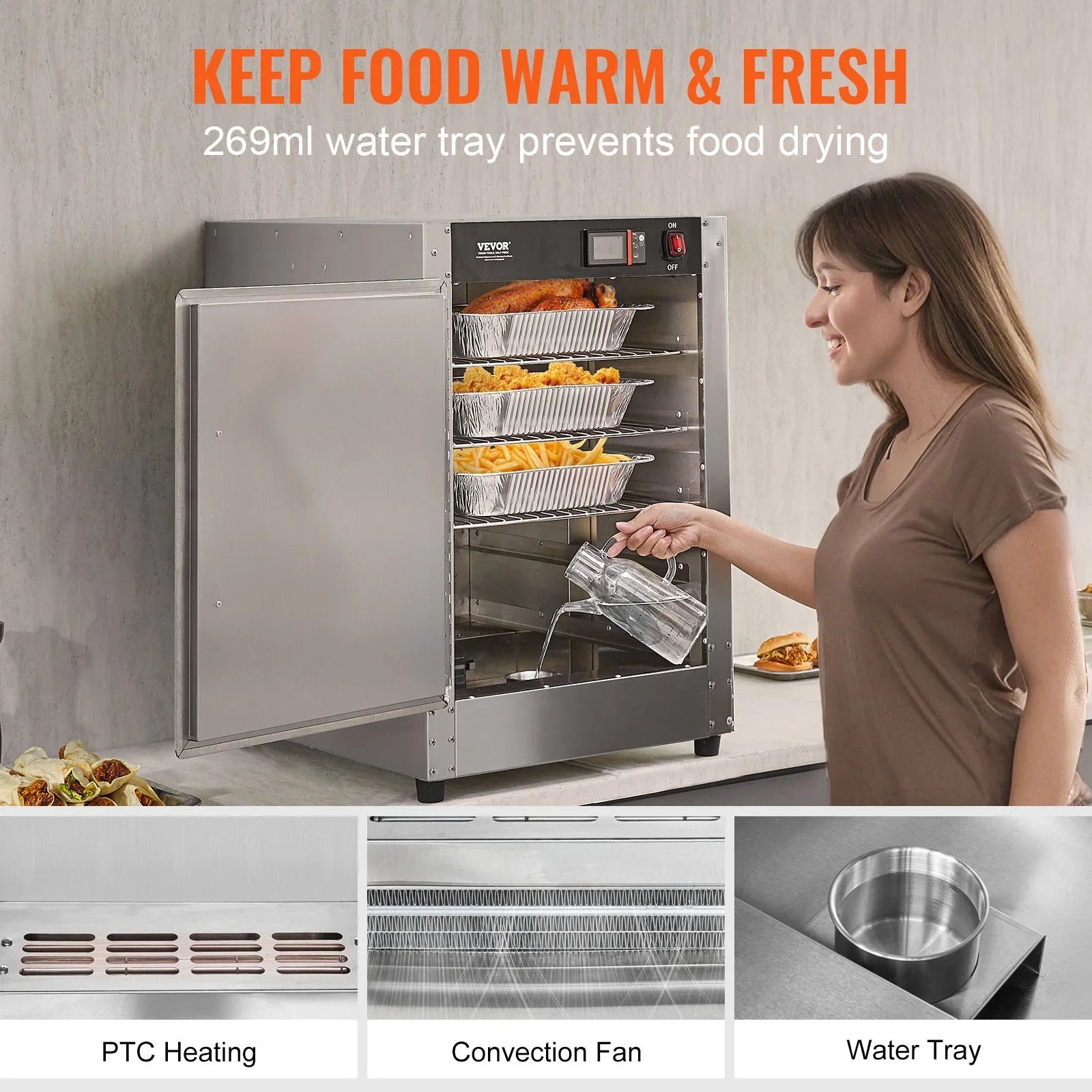 Hot Box Food Warmer, 5-Tier Concession Warmer with Water Tray, 5 Pans, Single-door and Adjustable Shelves, Stainless Steel Food Warmer Cabinet, Ideal for Storing Pizza, Chicken, Restaurant