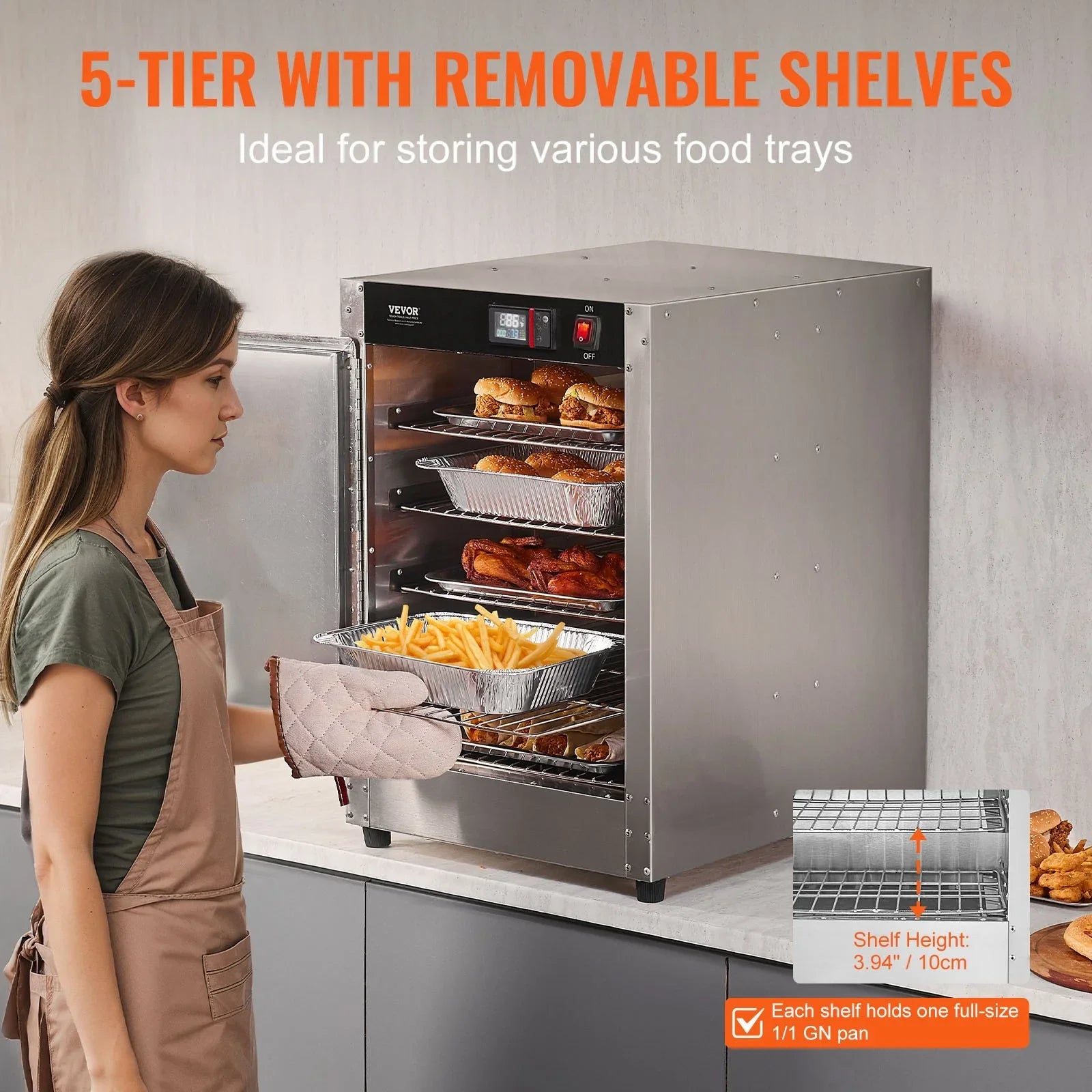 Hot Box Food Warmer, 5-Tier Concession Warmer with Water Tray, 5 Pans, Single-door and Adjustable Shelves, Stainless Steel Food Warmer Cabinet, Ideal for Storing Pizza, Chicken, Restaurant