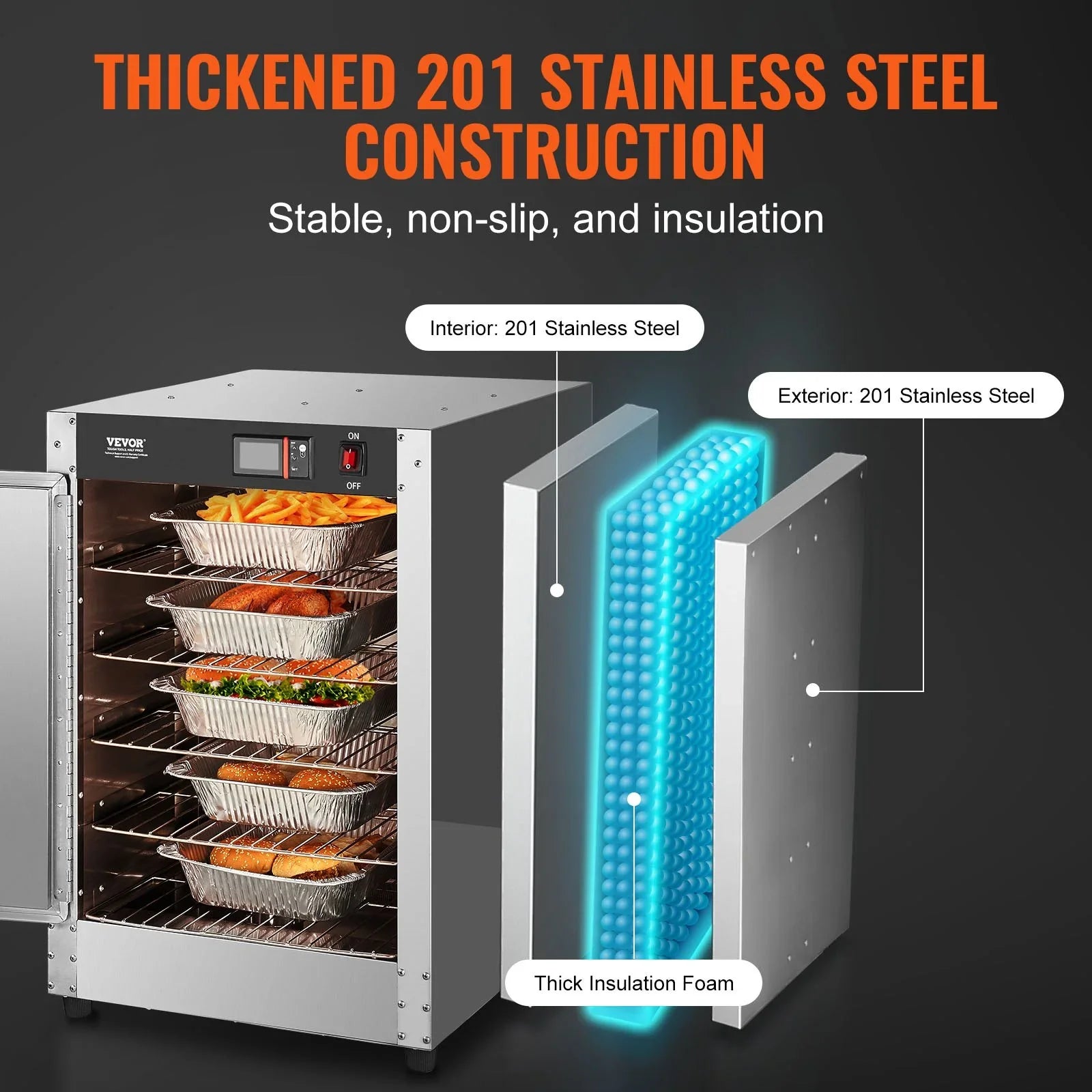 Hot Box Food Warmer, 5-Tier Concession Warmer with Water Tray, 5 Pans, Single-door and Adjustable Shelves, Stainless Steel Food Warmer Cabinet, Ideal for Storing Pizza, Chicken, Restaurant