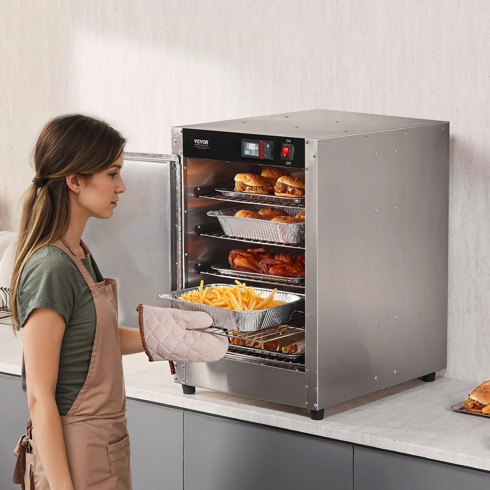 Hot Box Food Warmer, 5-Tier Concession Warmer with Water Tray, 5 Pans, Single-door and Adjustable Shelves, Stainless Steel Food Warmer Cabinet, Ideal for Storing Pizza, Chicken, Restaurant