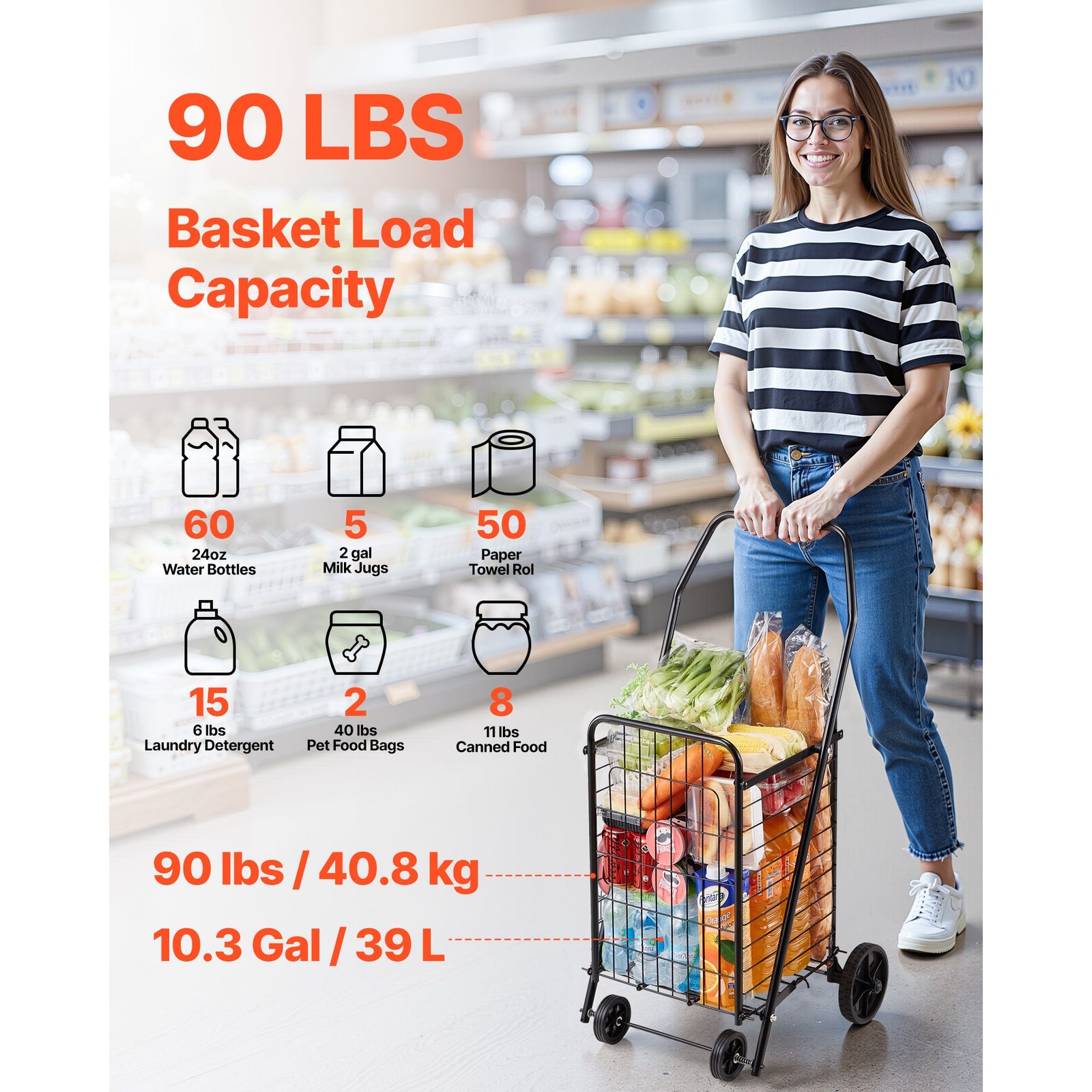 Folding Shopping Cart 40.8kg Capacity Rolling Grocery Laundry Utility Cart
