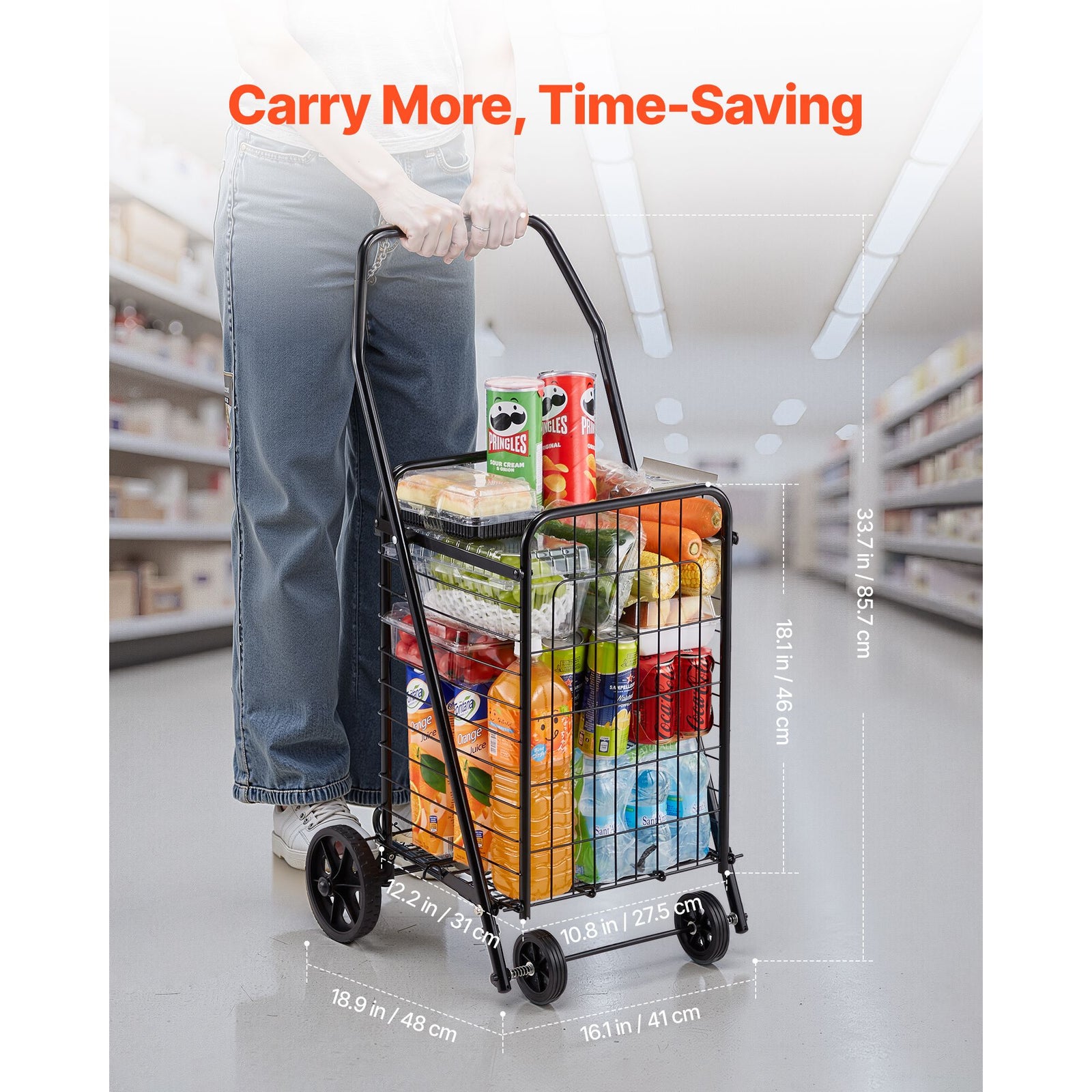 Folding Shopping Cart 40.8kg Capacity Rolling Grocery Laundry Utility Cart