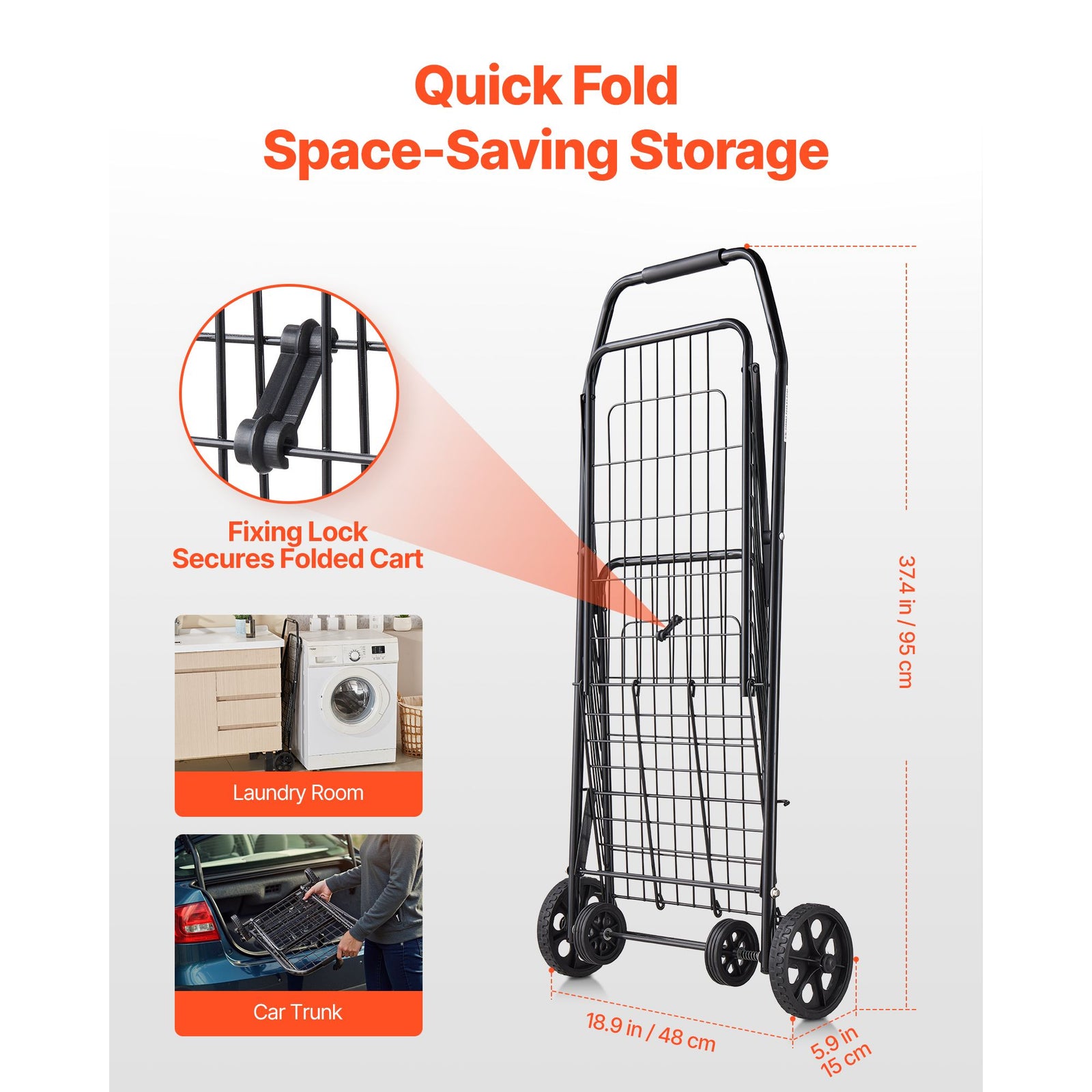 Folding Shopping Cart 40.8kg Capacity Rolling Grocery Laundry Utility Cart