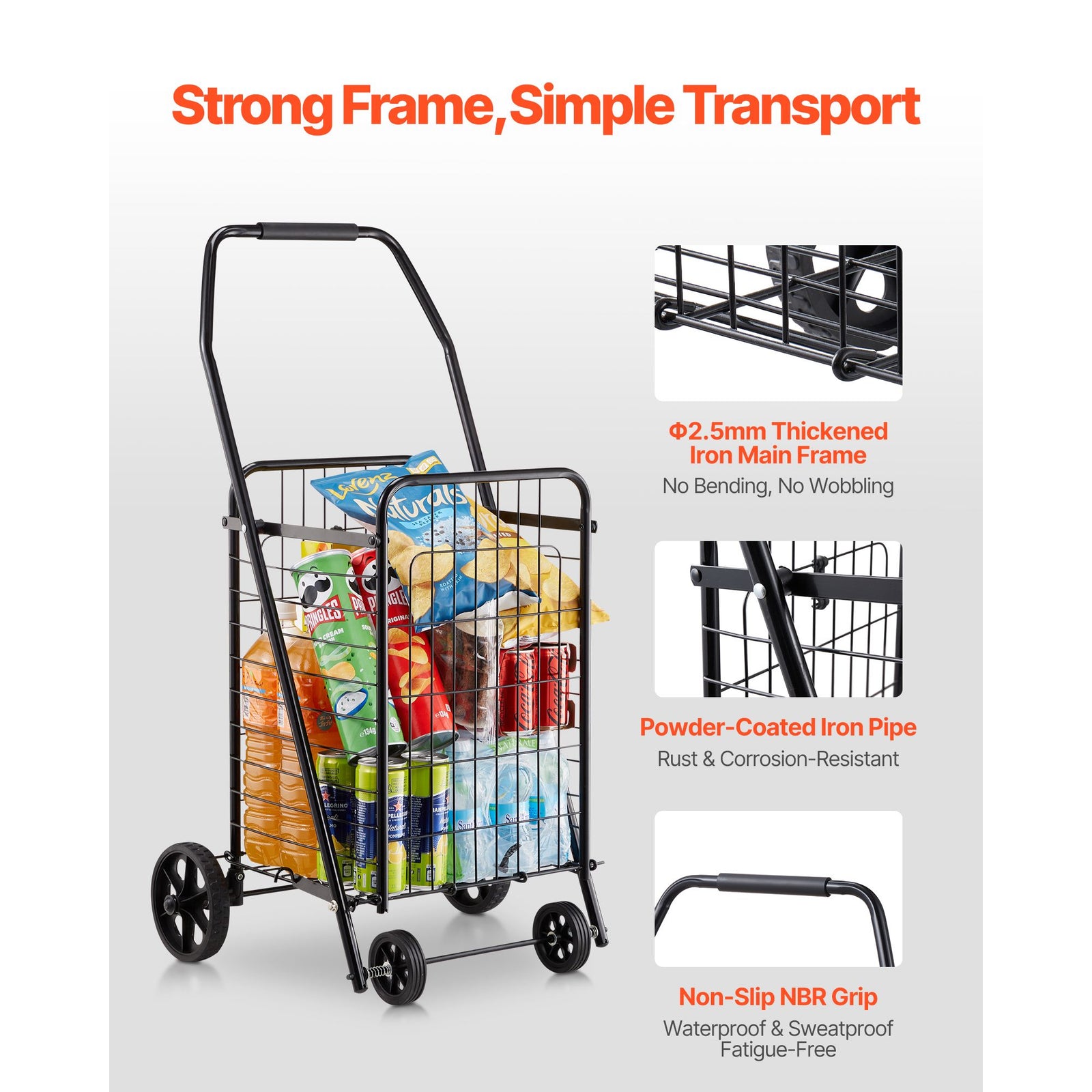 Folding Shopping Cart 40.8kg Capacity Rolling Grocery Laundry Utility Cart