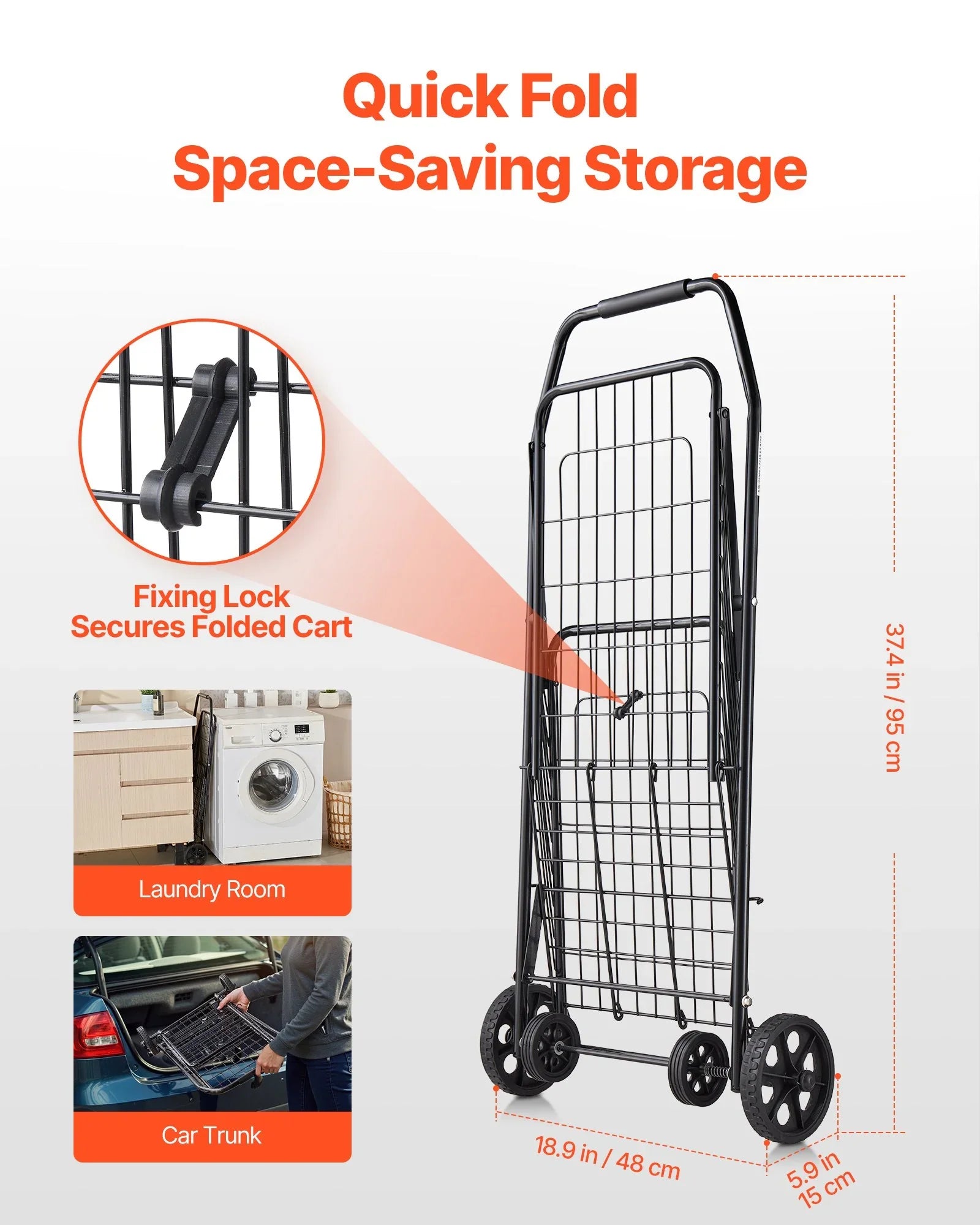 Shopping Cart, Folding Grocery Utility Cart with Swivel Wheels, 40.8 kg Large Load Capacity, Heavy Duty Rolling Laundry Basket Butler for Laundry, Shopping, Camping, Grocery, Luggage, Black