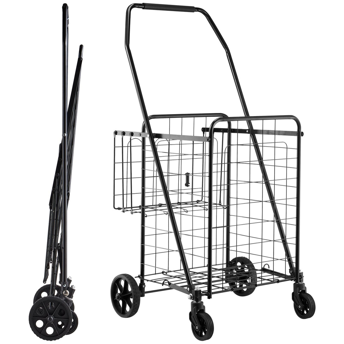 Folding Shopping Cart with Dual Baskets 45kg Load Utility Grocery Trolley