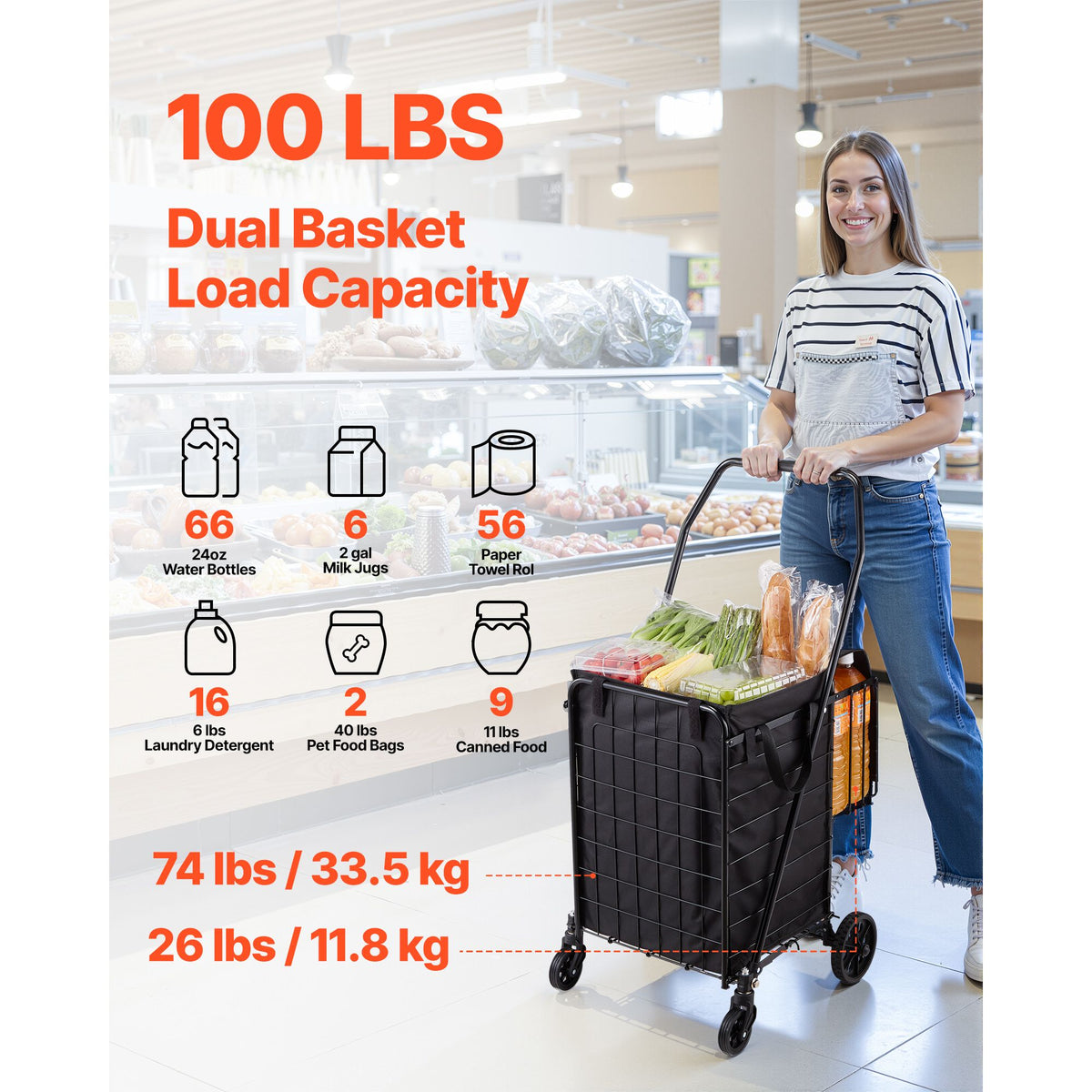 Folding Shopping Cart with Dual Baskets 45kg Load Utility Grocery Trolley