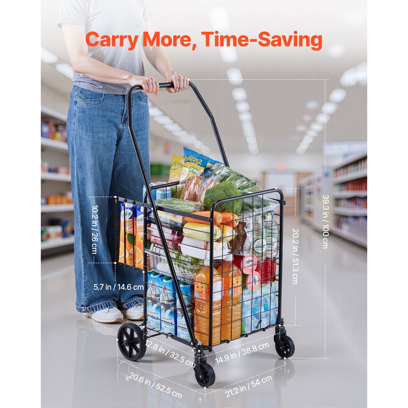 Folding Shopping Cart with Dual Baskets 45kg Load Utility Grocery Trolley