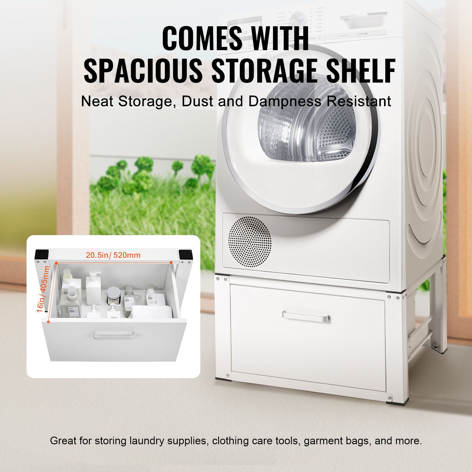 Laundry Pedestal 686mmmW x 366mmH, Washer And Dryer Base Stand Platform Universal Fit 299kg Capacity, Heavy Duty Multi-Functional Base for Washing Machine with Drawer & Rich Accessories