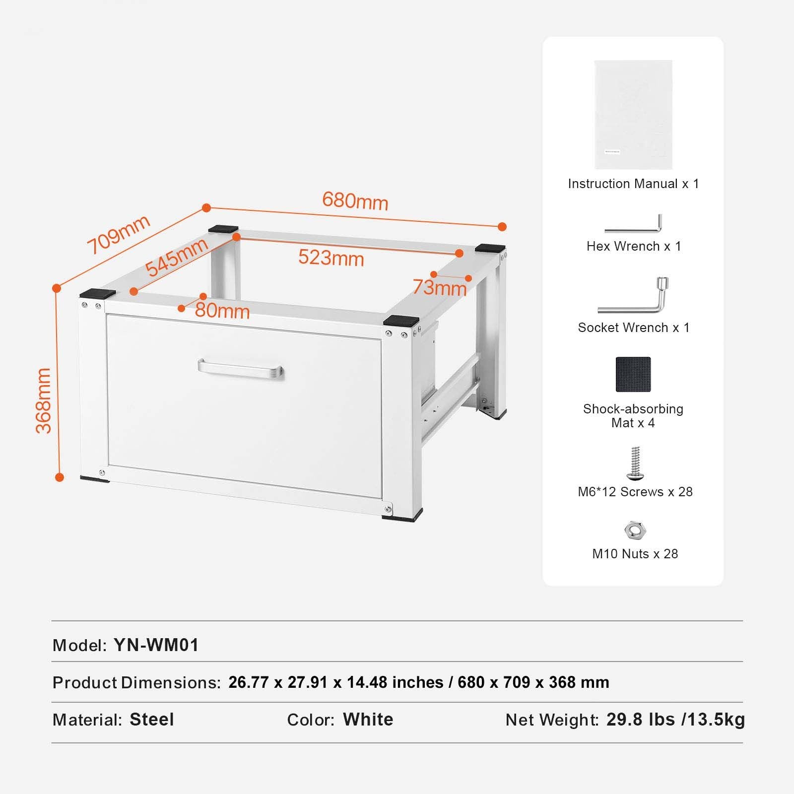 Laundry Pedestal 686mmmW x 366mmH, Washer And Dryer Base Stand Platform Universal Fit 299kg Capacity, Heavy Duty Multi-Functional Base for Washing Machine with Drawer & Rich Accessories