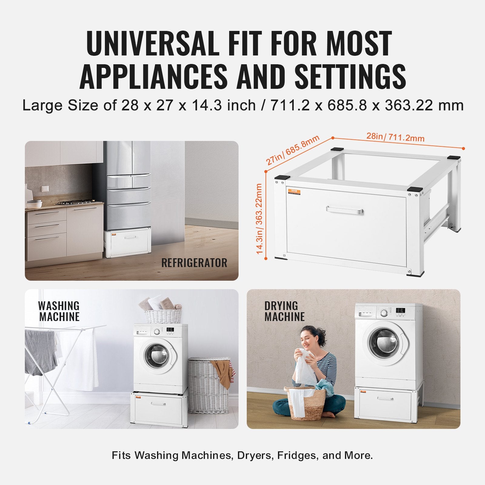 Laundry Pedestal 686mmmW x 366mmH, Washer And Dryer Base Stand Platform Universal Fit 299kg Capacity, Heavy Duty Multi-Functional Base for Washing Machine with Drawer & Rich Accessories