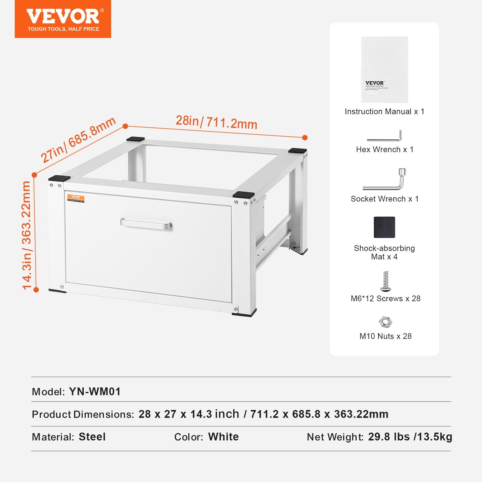 Laundry Pedestal 686mmmW x 366mmH, Washer And Dryer Base Stand Platform Universal Fit 299kg Capacity, Heavy Duty Multi-Functional Base for Washing Machine with Drawer & Rich Accessories