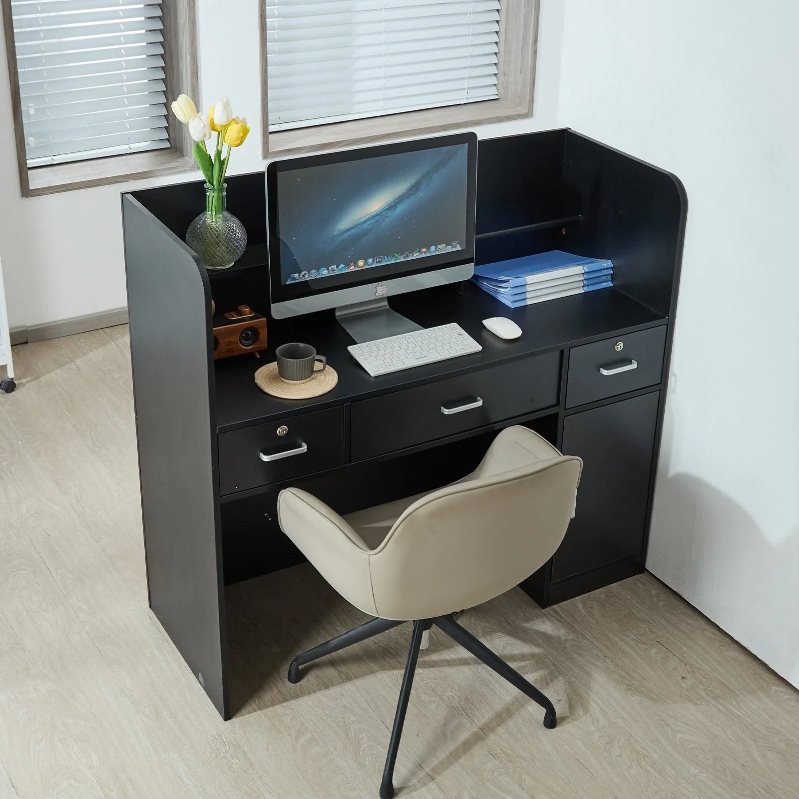 Reception Desk, 1200 x 480 x 1100 mm Rectangular Front Counter Table, Office Reception Counter with Lockable Drawer and Storage Cabinet, for Checkout, Lobby, Beauty Salon and Office, Black