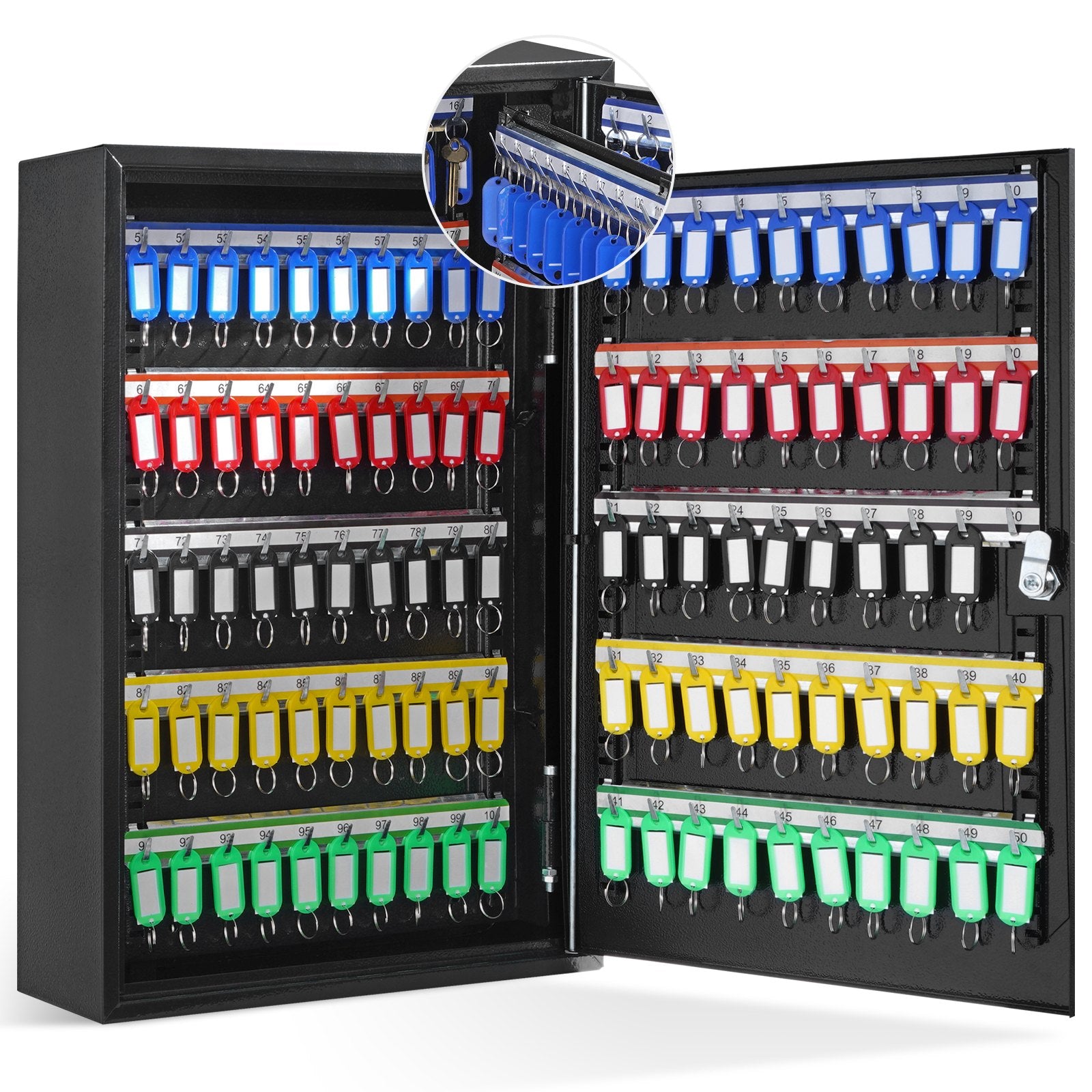 200-Key Cabinet, Key Lock Box with Adjustable Racks, Security Key Storage Box Steel, Key Organizer with 200 Colorful Key Tags and 4 Record Cards for School, Office, Hotel