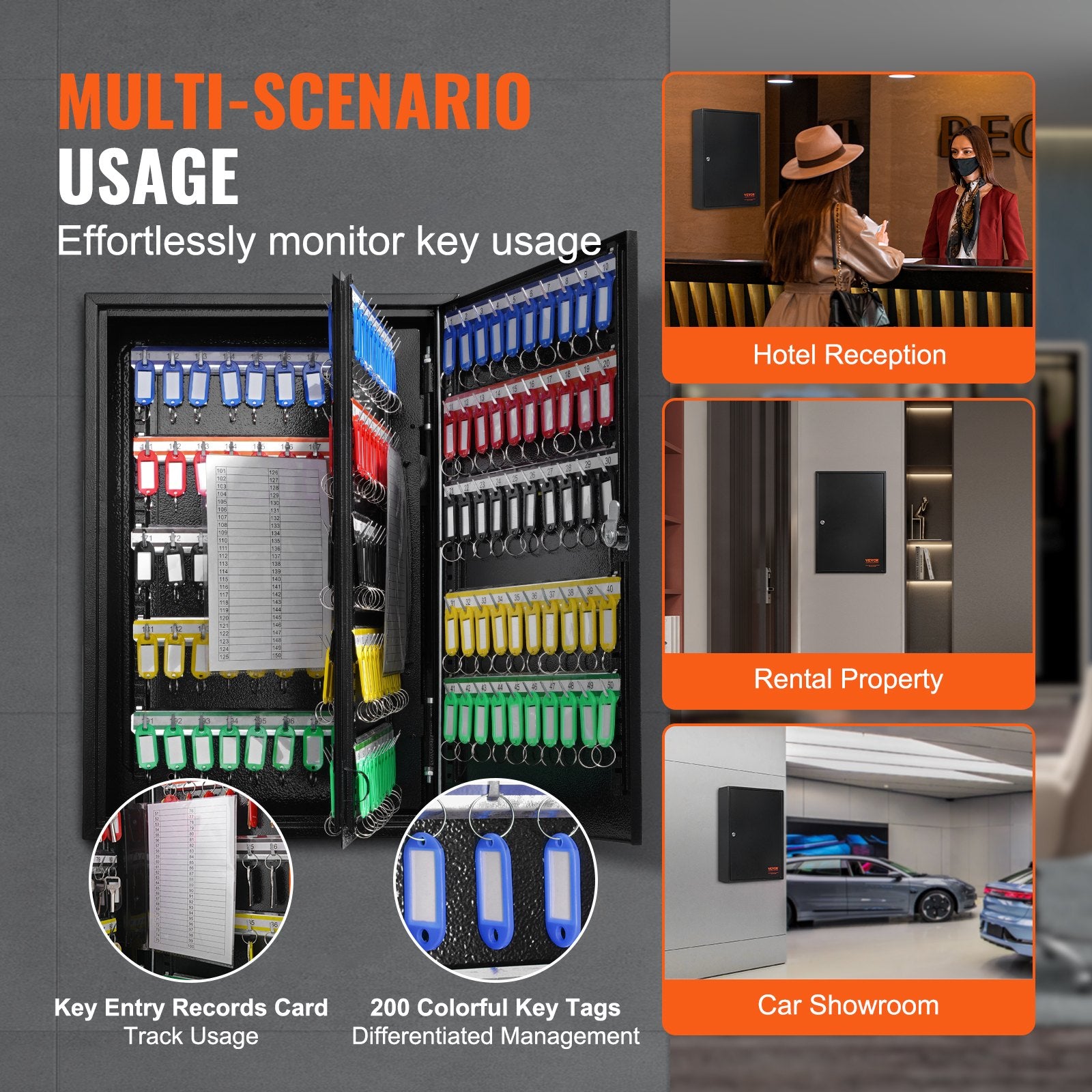VEVOR 200-Key Cabinet, Key Lock Box with Adjustable Racks, Security Key Storage Box Steel, Key Organizer with 200 Colorful Key Tags and 4 Record Cards for School, Office, Hotel