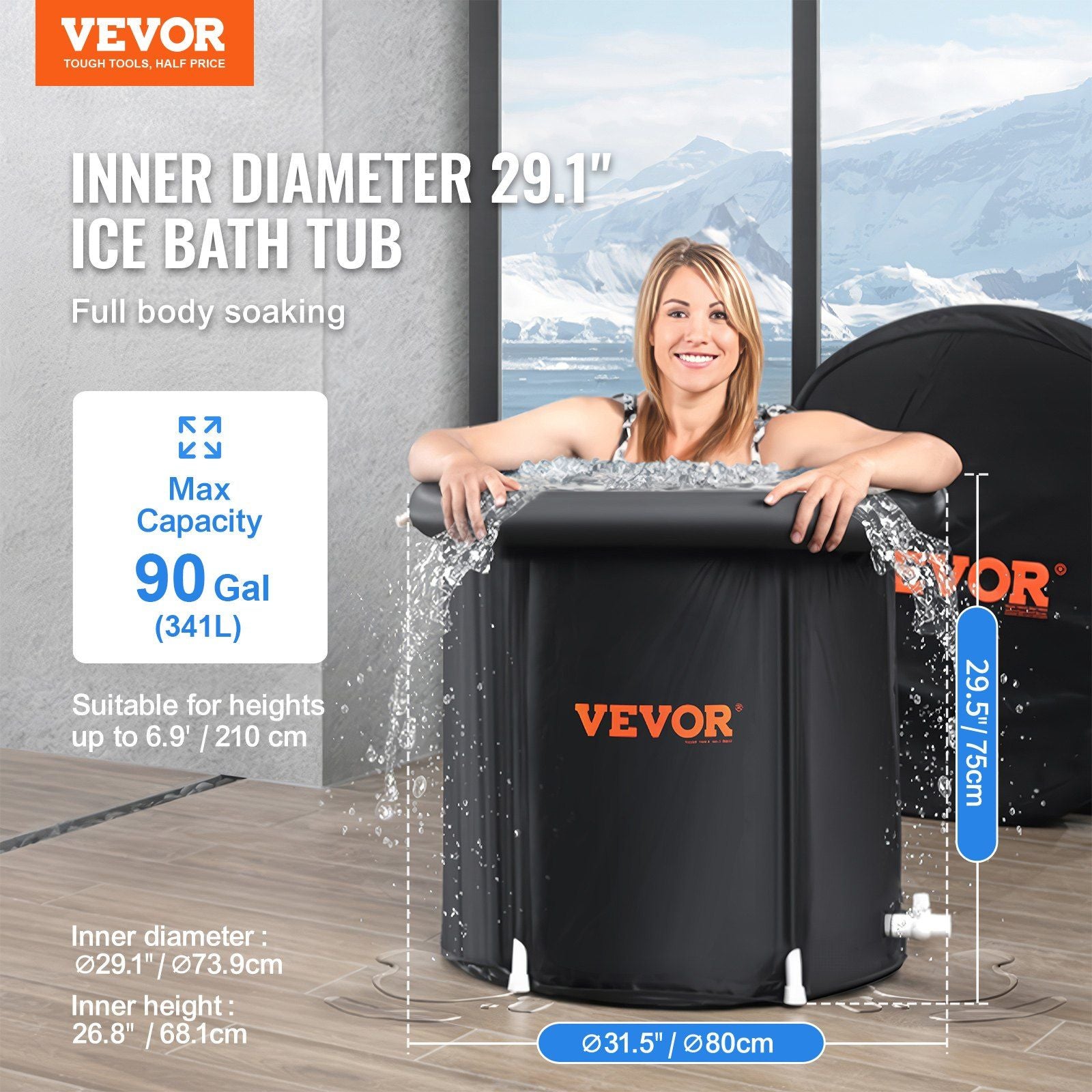 Ice Bath Tub, 80 cm Long Cold Water Therapy Plunge Tub for Athletes, Portable Outdoor Ice Barrel Plunge Pool for Recovery, 341L Inflatable Folding Bathtub with Cover, Home Ice Pod for Adult